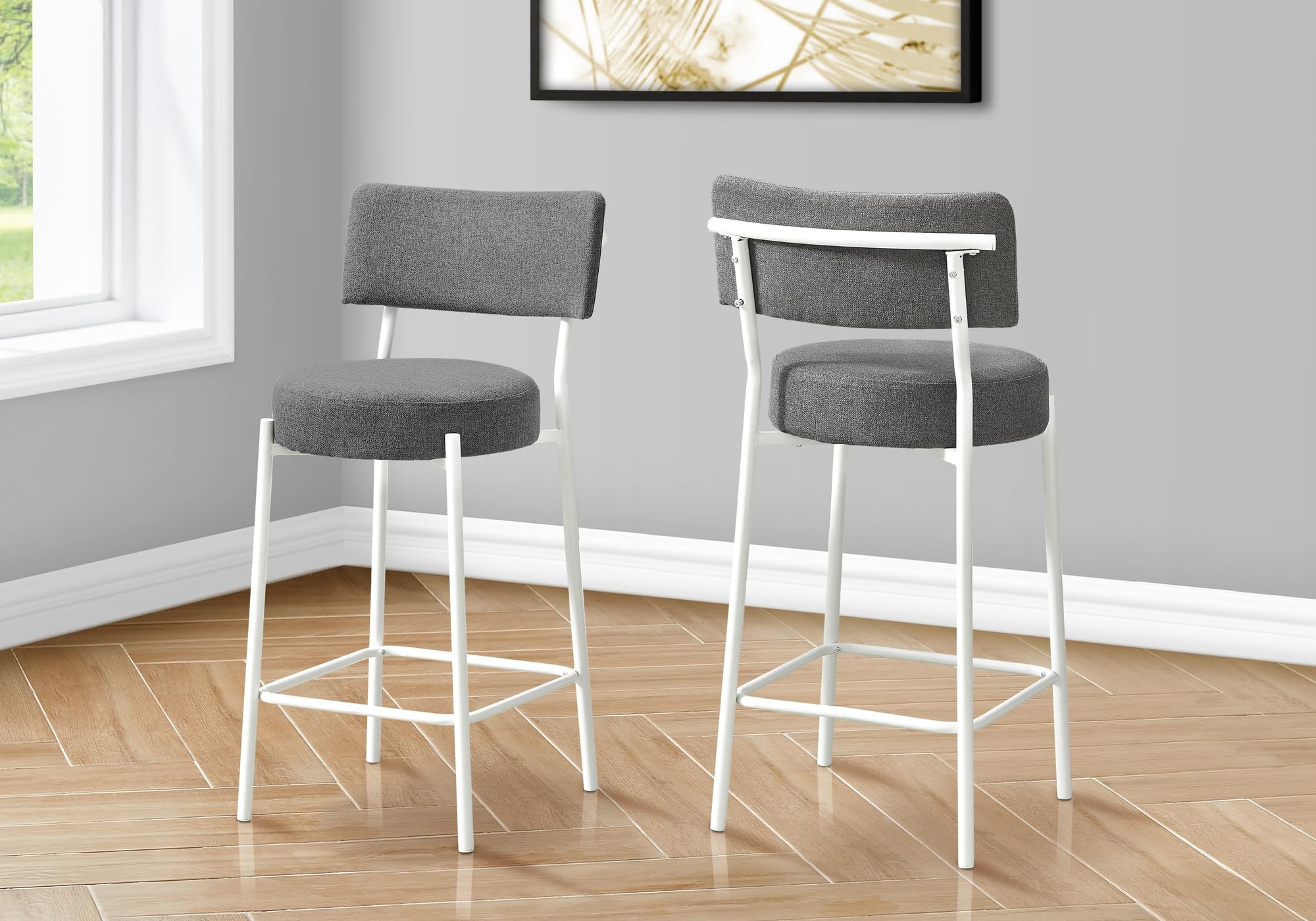 Monarch Specialties I 2247 Barstool, Counter Height, Set of 2, Kitchen, Grey Fabric, White Metal, Contemporary, Modern
