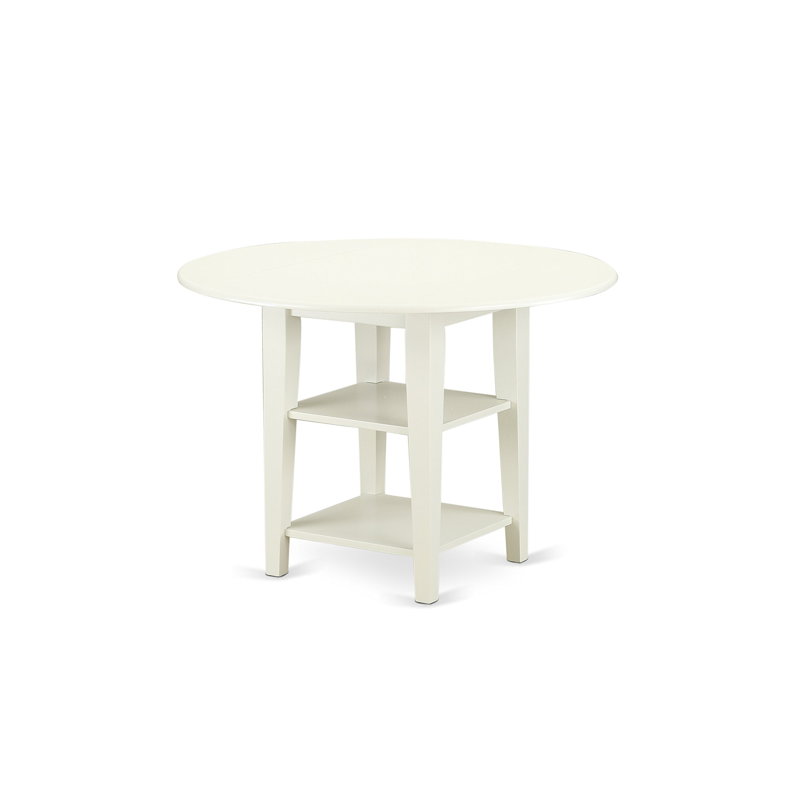 East West Furniture SUAD3-LWH-LC 3 Piece Dining Set Contains a Round Dining Room Table with Dropleaf & Shelves and 2 Faux Leather Upholstered Chairs, 42x42 Inch, Linen White
