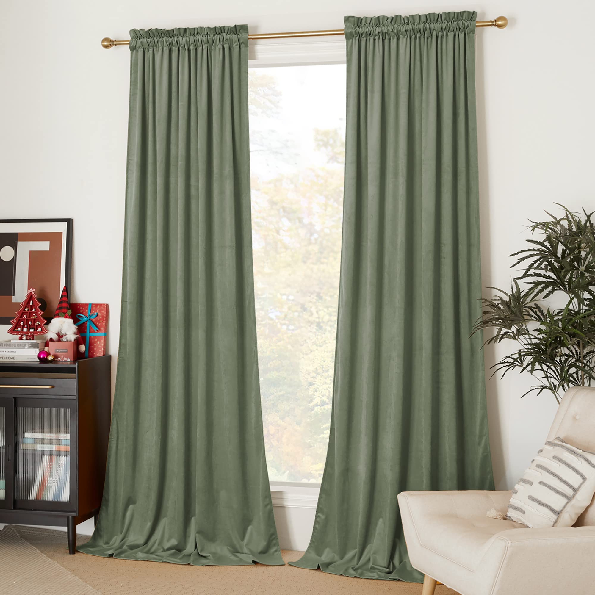 Nicetown Sage Green Blackout Curtains 120 Inches Long 2 Panels (52-Inch Wide), Farmhouse And Sleek Velvet Drapes And Curtains Fo