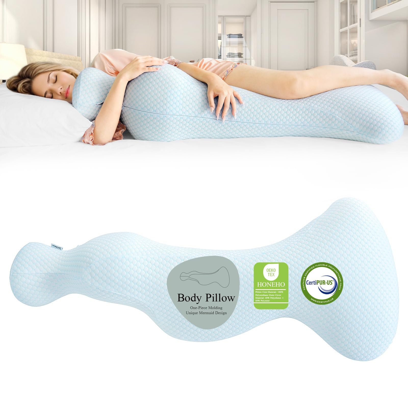 HONEHO Mermaid Body Pillow Cooling Memory Foam Light Blue & White Small Full Body Pillow for Side Sleeper & Pregnancy