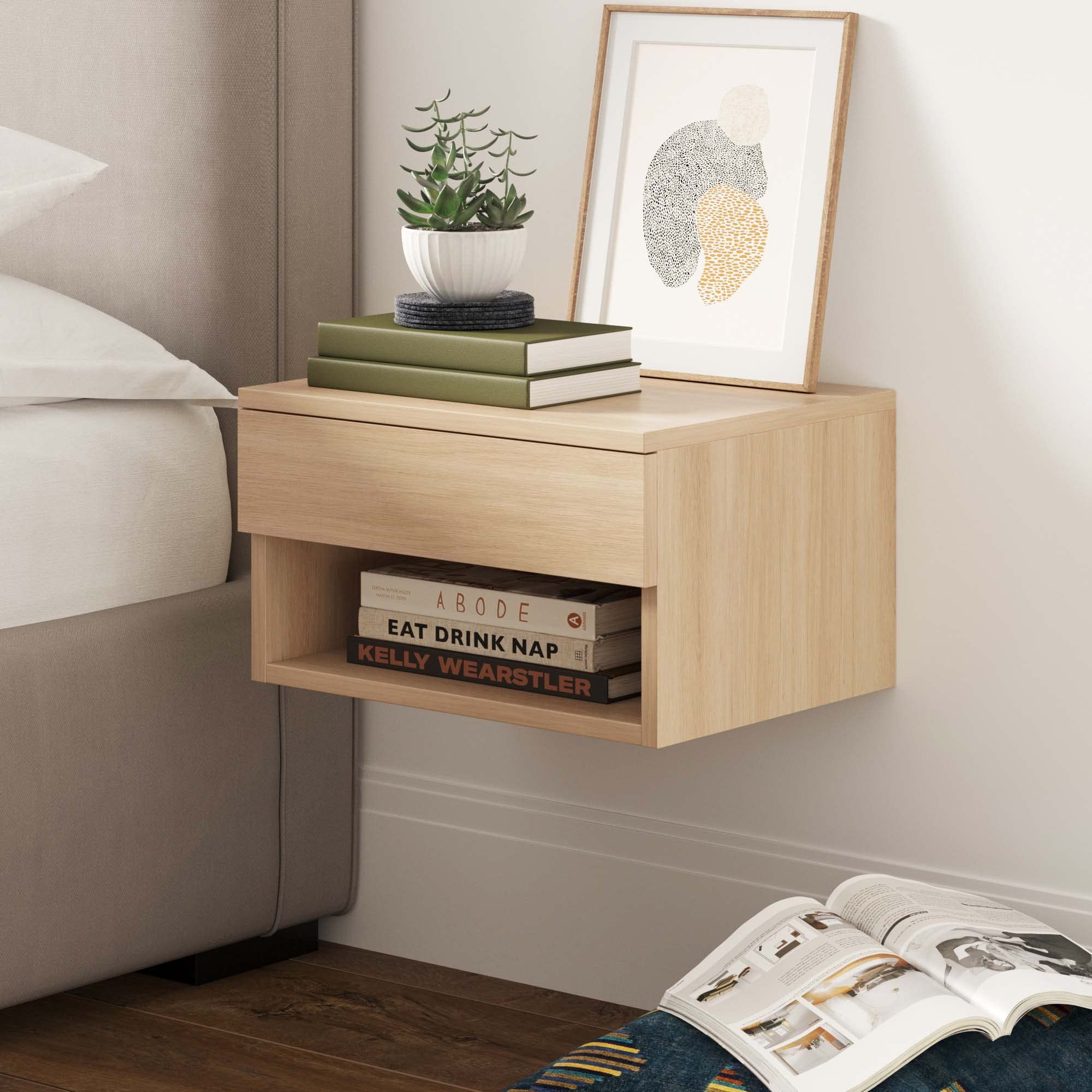 Nathan James Jackson Wall Mounted Floating Bedroom Nightstand with Storage Drawer and Modern Open Shelf Cubby, Light Oak Wood