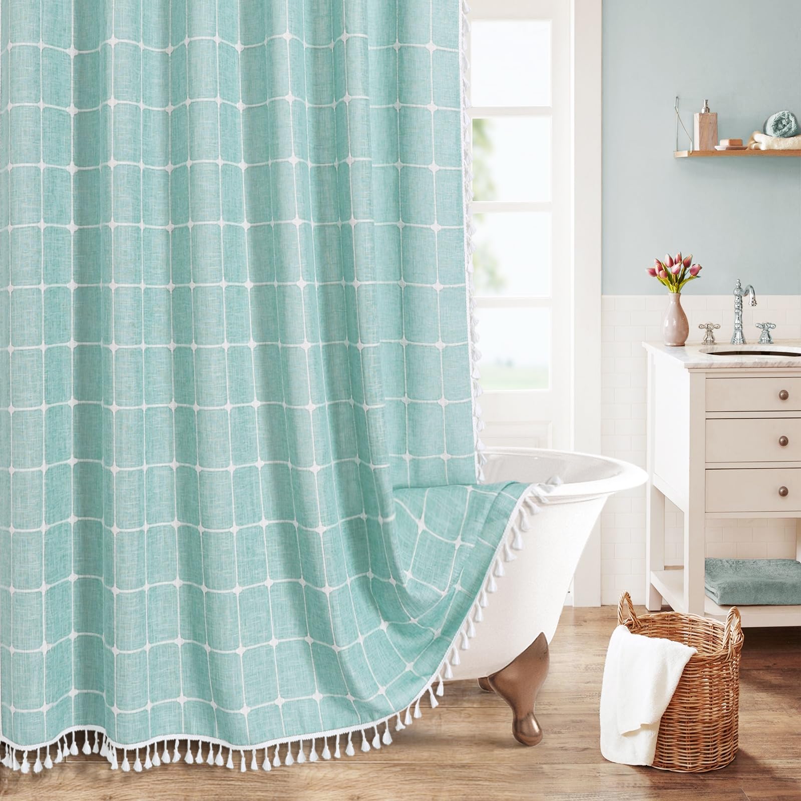MitoVilla Teal Blue 72 x 78 Farmhouse Shower Curtain, Turquoise Boho 78 inch Long Cotton Linen Tassel Fabric Shower Curtain Set 