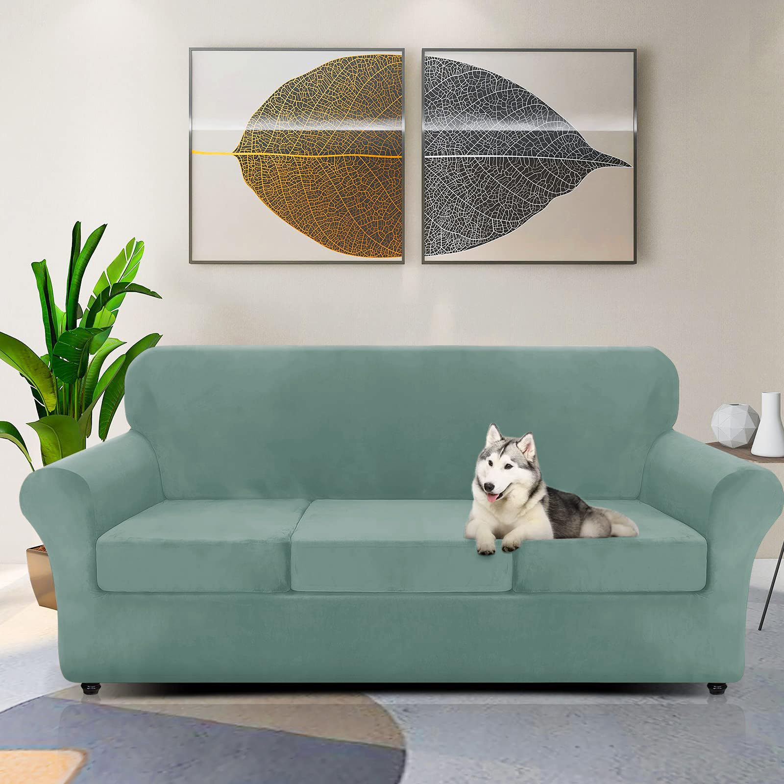 Znsayotx Luxury Velvet Couch Cover 4 Piece Stretch Oversized Sofa Covers For 3 Cushion Couch Thick Soft Large Sofa Slipcover Anti Slip Dogs Pet Furniture Protector (Pea Green), 91'-110'(3 Cushions)