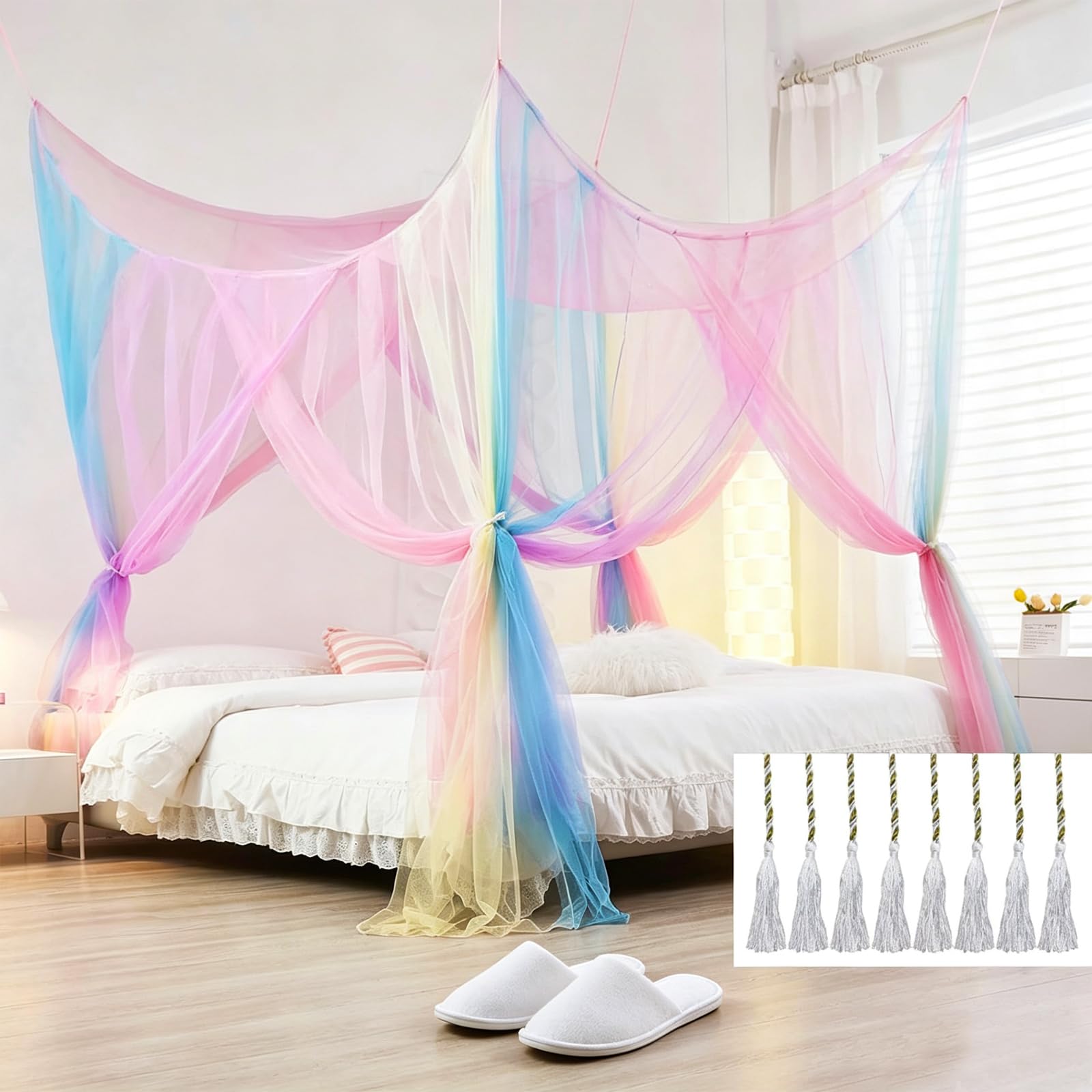 Mosquitero para cama Queen,Canopy Bed Curtains with Lights, Girls Rainbow Bed Canopy, net-Style Bed Curtains Bedroom Decoration