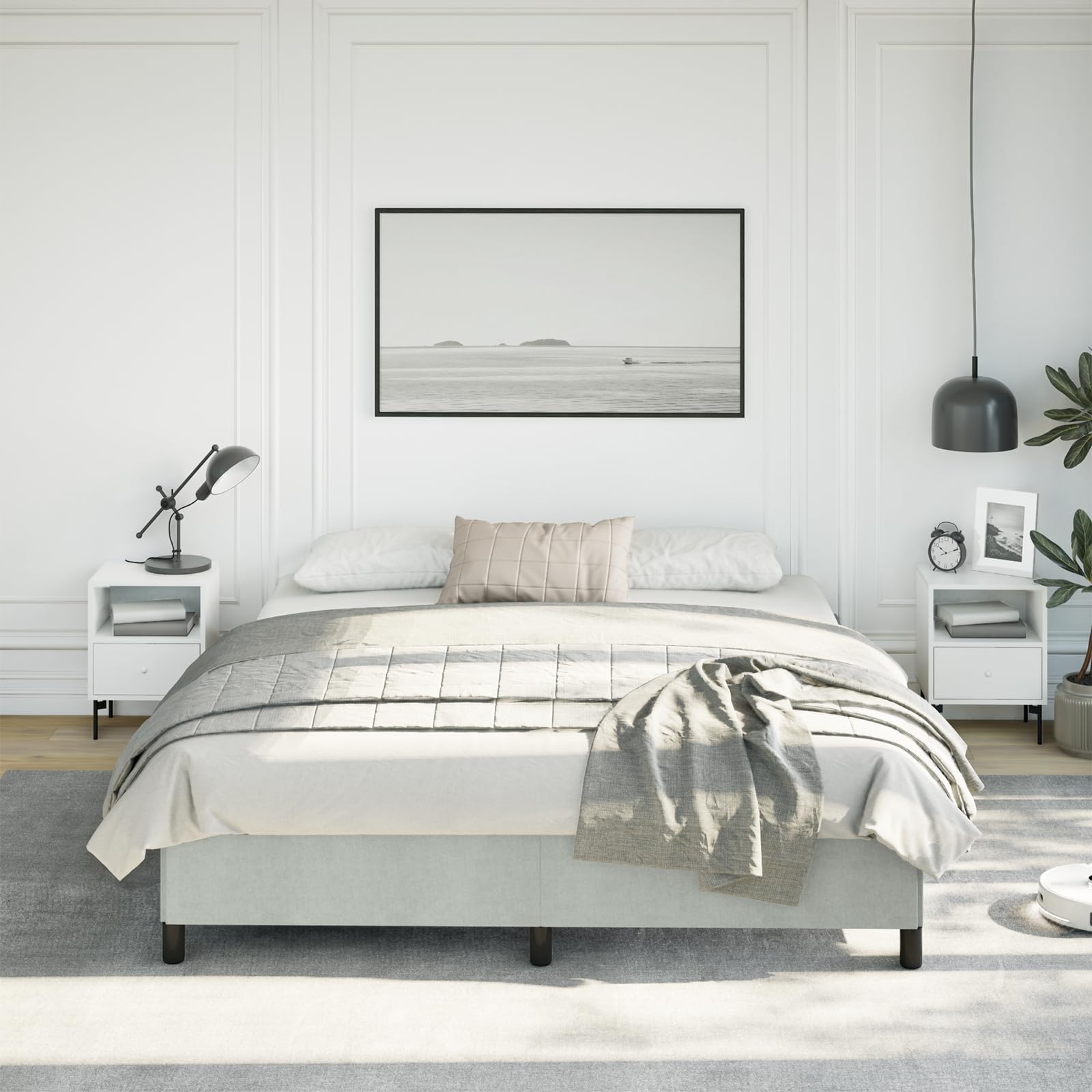 vidaXL California King Size Bed Frame with Plywood Slats, Platform Bed Frame, Velvet Upholstered Mattress Foundation, No Box Spring Needed & Easy Assembly, Light Gray, Without Mattress