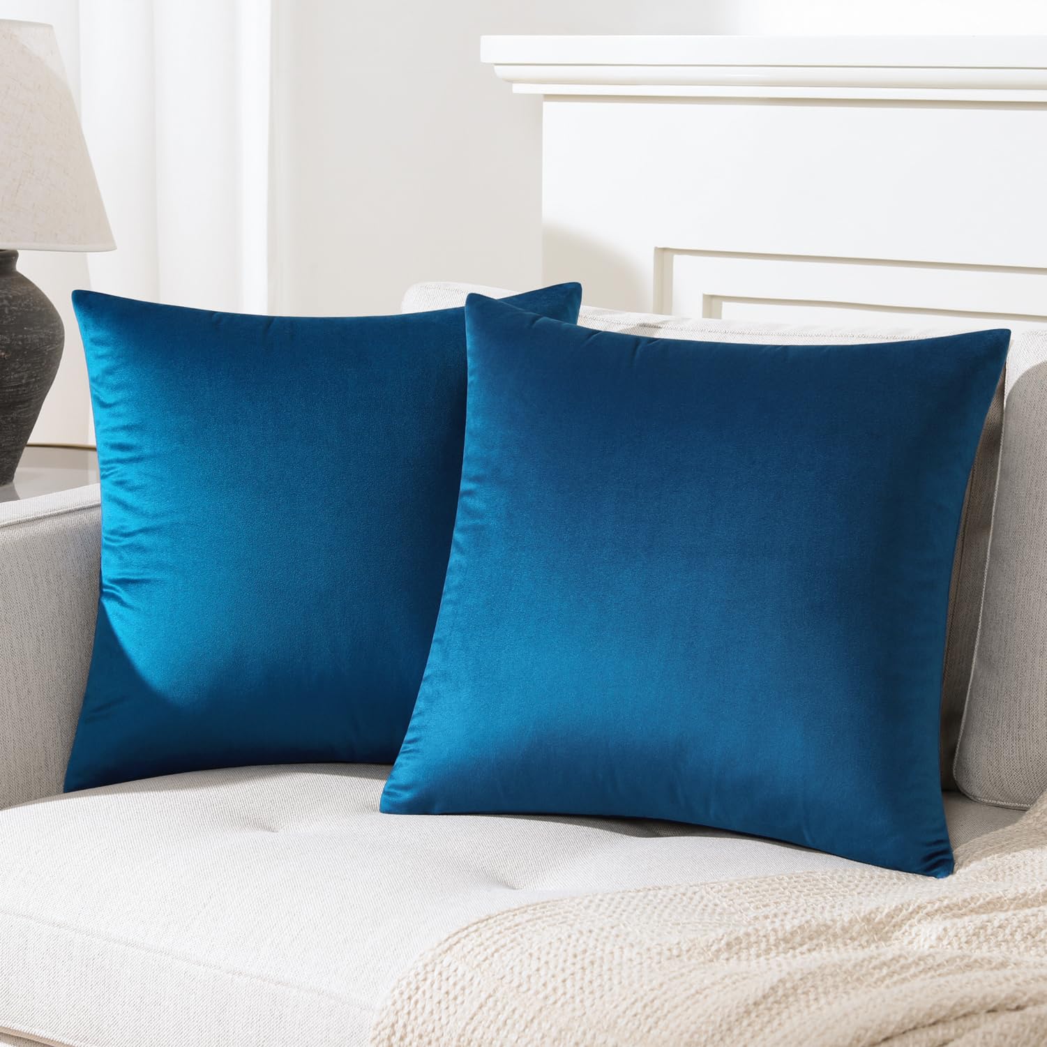 Mixhug Set Of 2 Cozy Velvet Square Decorative Throw Pillow Covers For Couch And Bed, Blue, 18 X 18 Inches