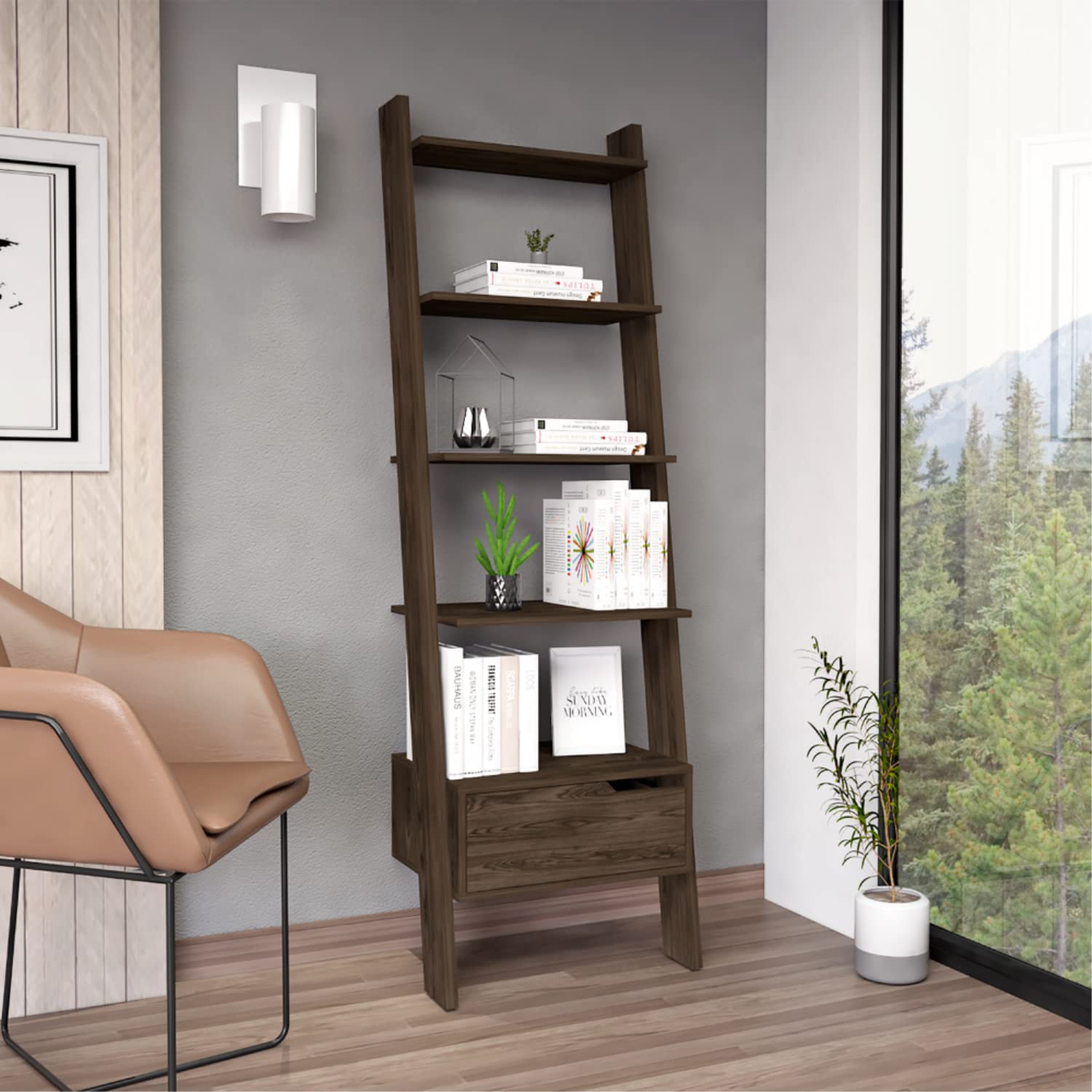 Kobe Ladder Bookcase with 5 Shelves and 1 Drawer, Dark Walnut