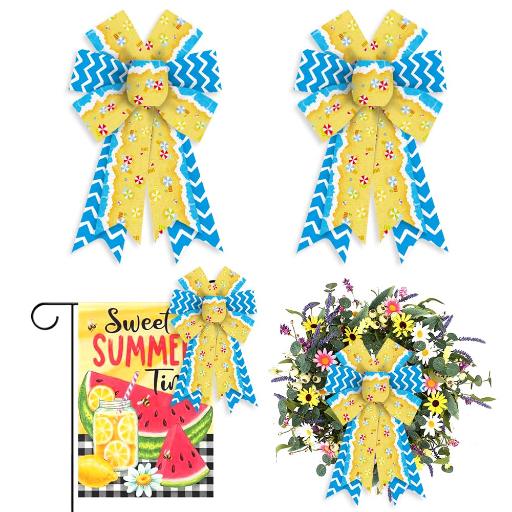 Hying 2PCS Summer Ocean Bows for Wreath, Blue White Beach Wreath Bows for Summer D  cor, Spring Blue Beach Wave Bows for Front D