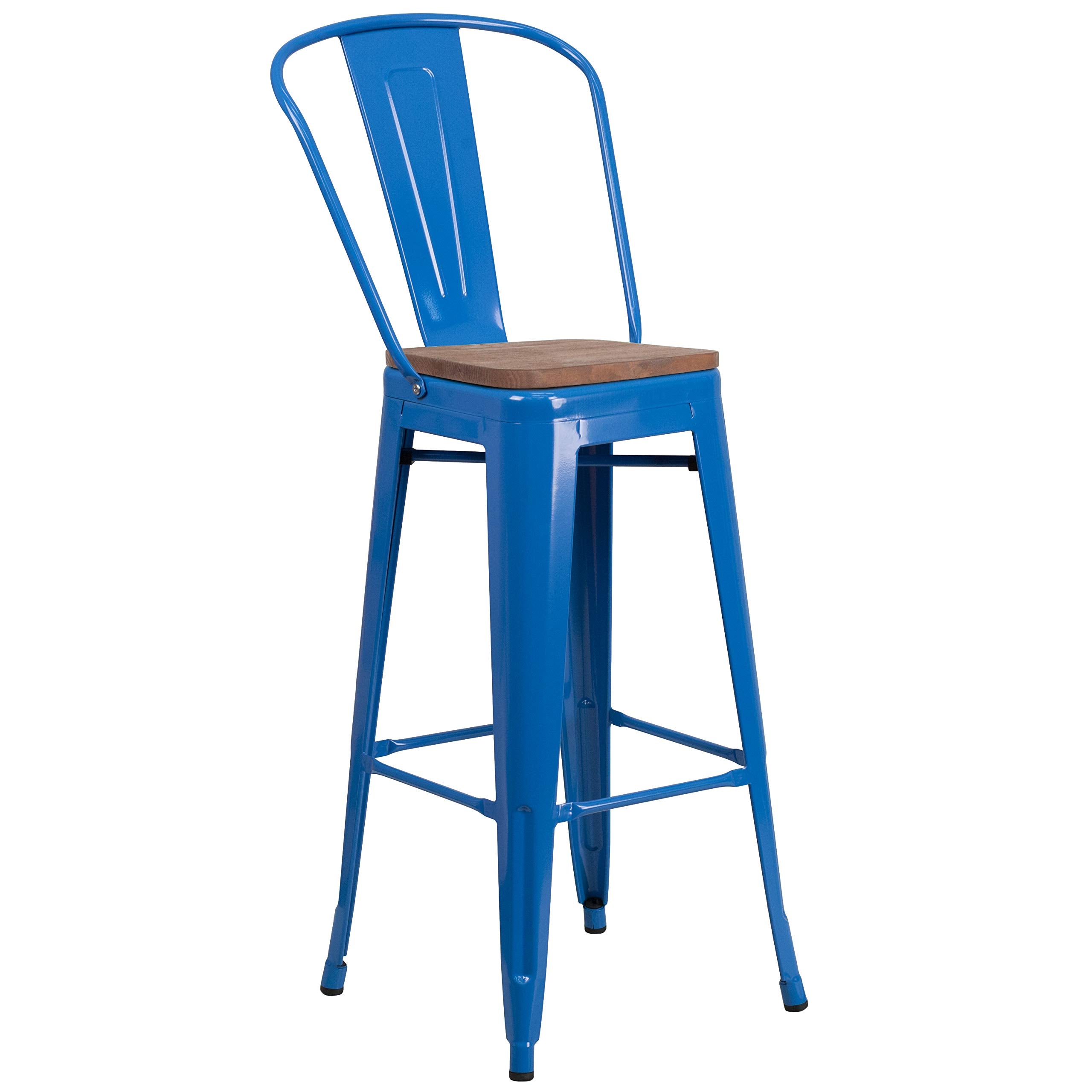 Flash Furniture Lily 30" High Blue Metal Barstool with Back and Wood Seat (Pack of 1)