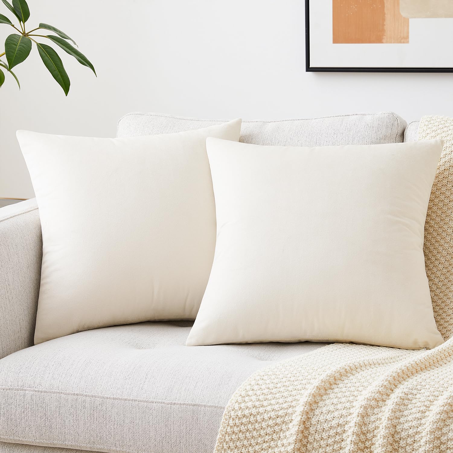 Mixhug Set Of 2 Cozy Velvet Square Decorative Throw Pillow Covers For Couch And Bed, Cream, 18 X 18 Inches