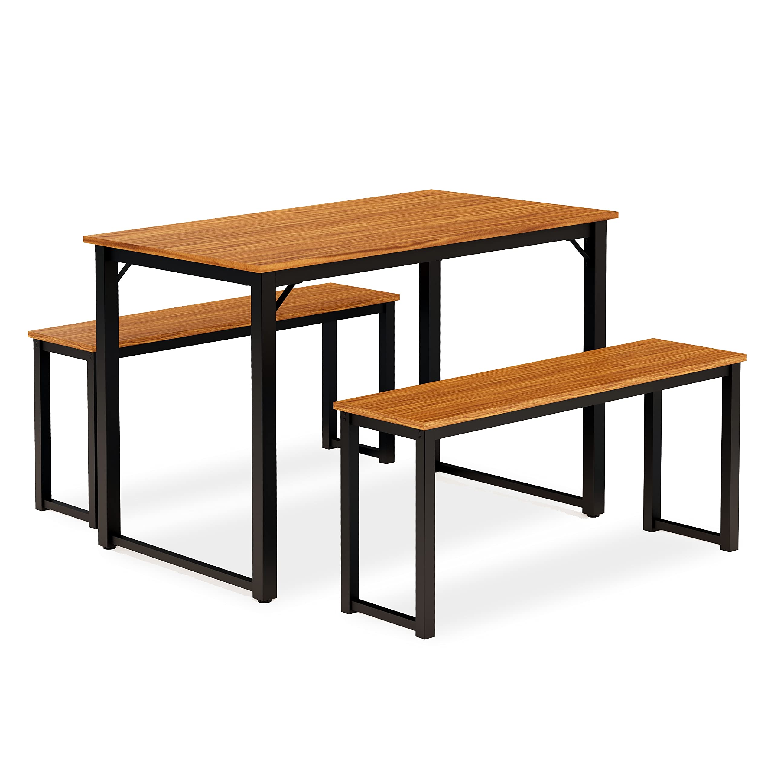 East West Furniture Parmer 3 Piece Metal Frame Dining Set for Small Spaces Contains a Rectangle Table and 2 Benches, 43x28x30 Inch, Black Top and Brown Wood