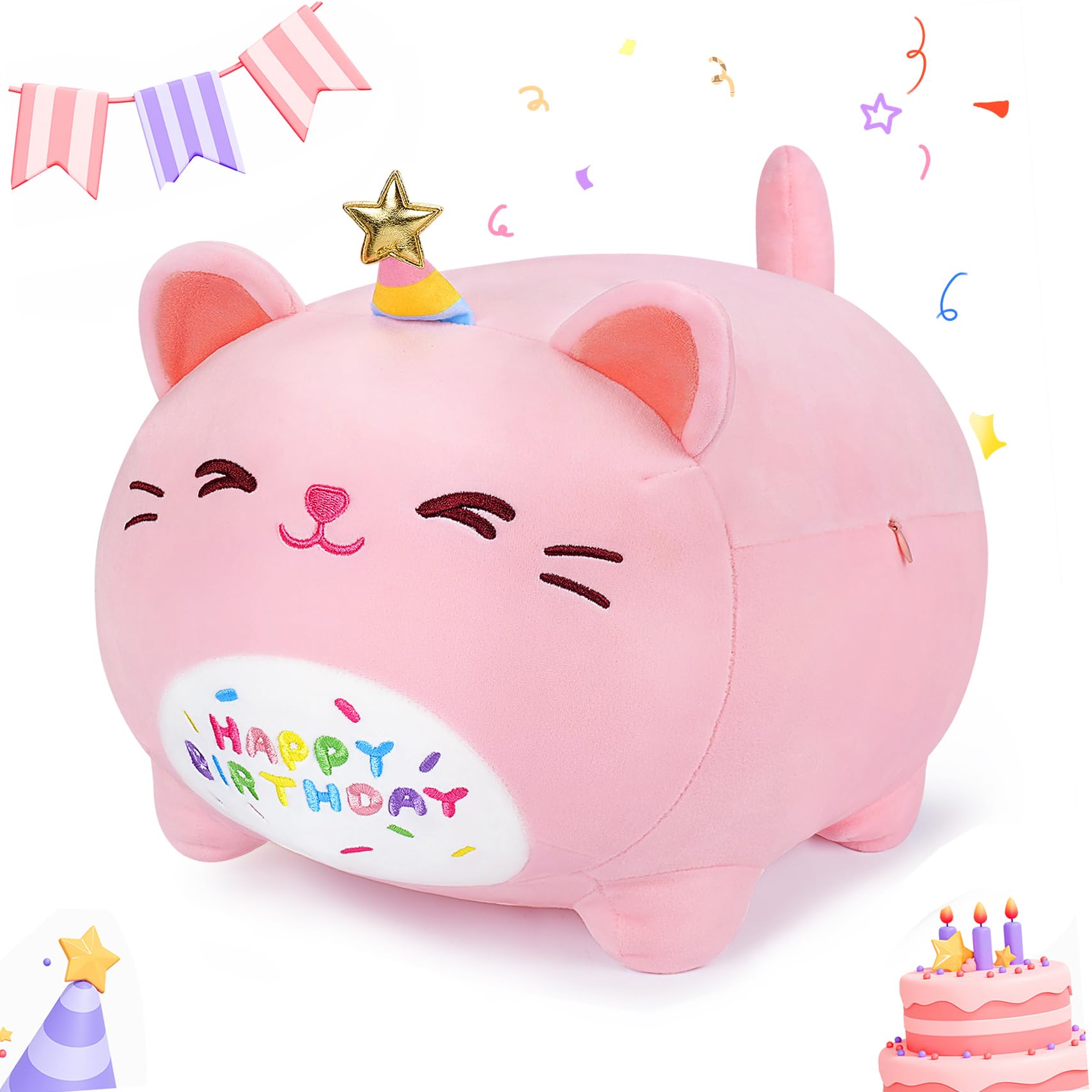 Pink Birthday Cat Plush Stuffed Animals-Gifts for Girlfriend, 16' Pink Cat Plush, Kawaii Plushies Cat Body Pillow Cat Plushie, 