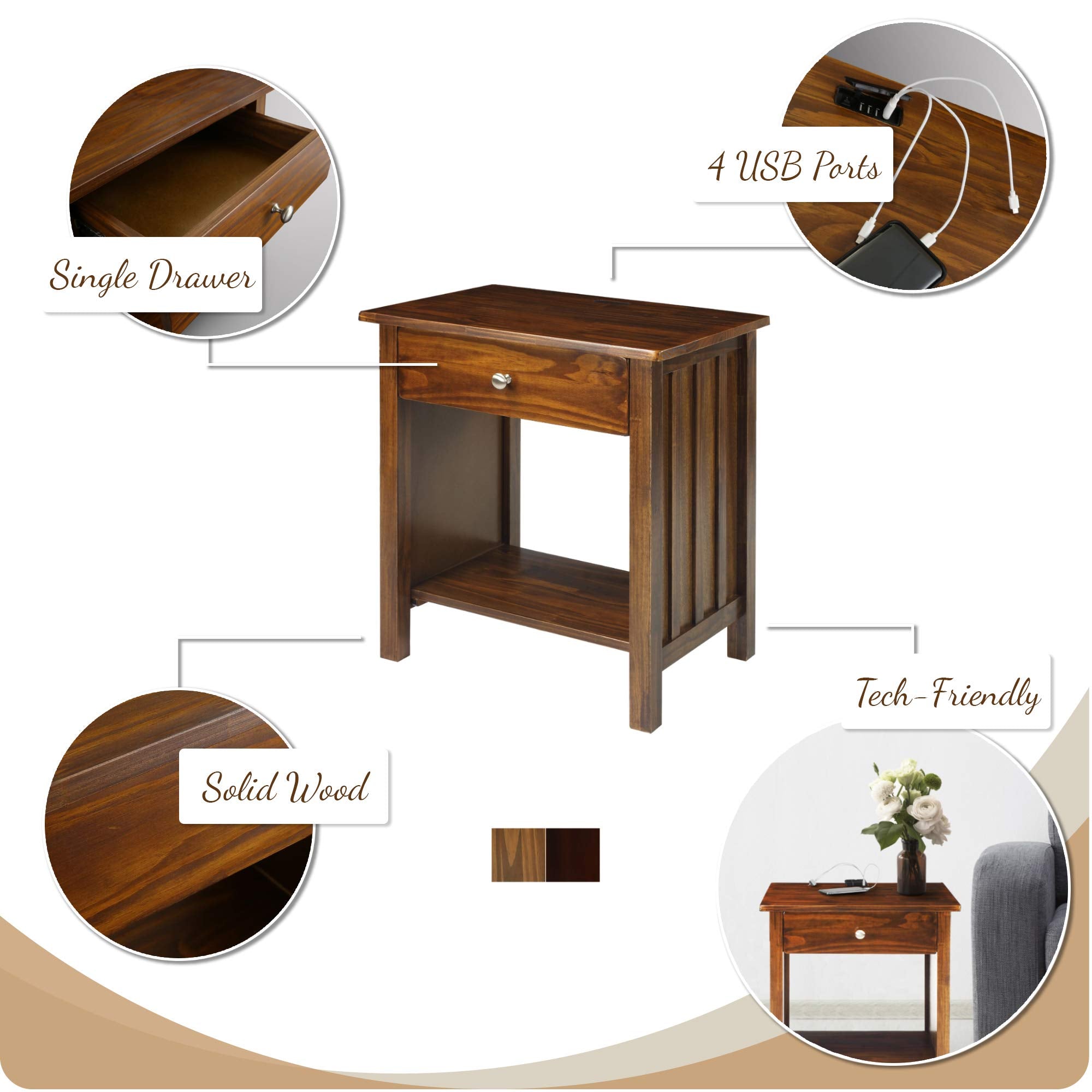 Casual Home Vanderbilt Nightstand With Usb Ports-Warm Brown, 24"L X 17"W X 27"H