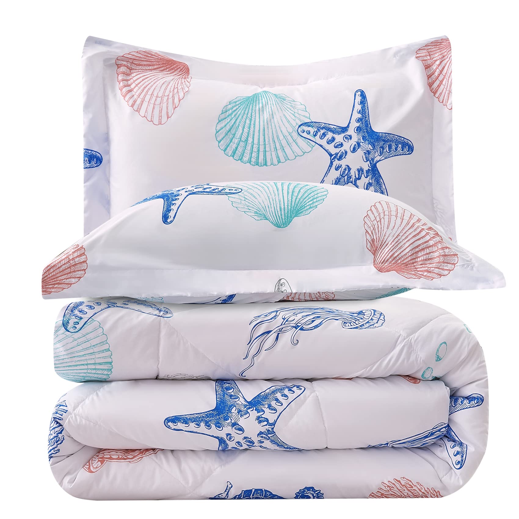 Jsd Beach Theme Kids Comforter Set Twin Size, Jellyfish Starfish Shell Printed Comforter With Pillow Sham, Lightweight All Seaso