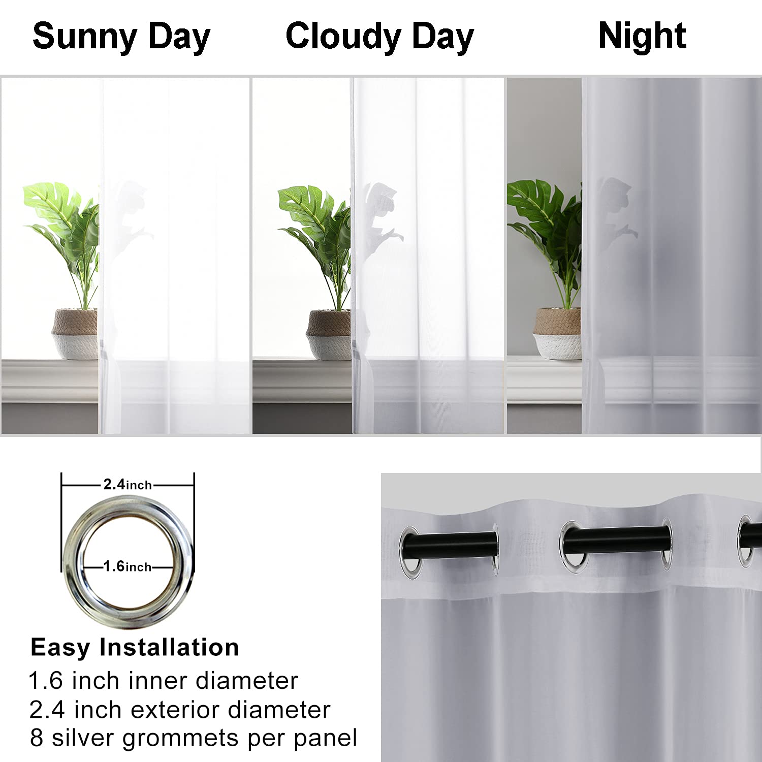 Hiasan Grey Sheer Curtains 63 Inch Length With Tiebacks, Light Filtering Voile Textured Drape Lightweight Grommet Window Curtains For Bedroom, Living Room And Office, W52 X L63, 2 Panels