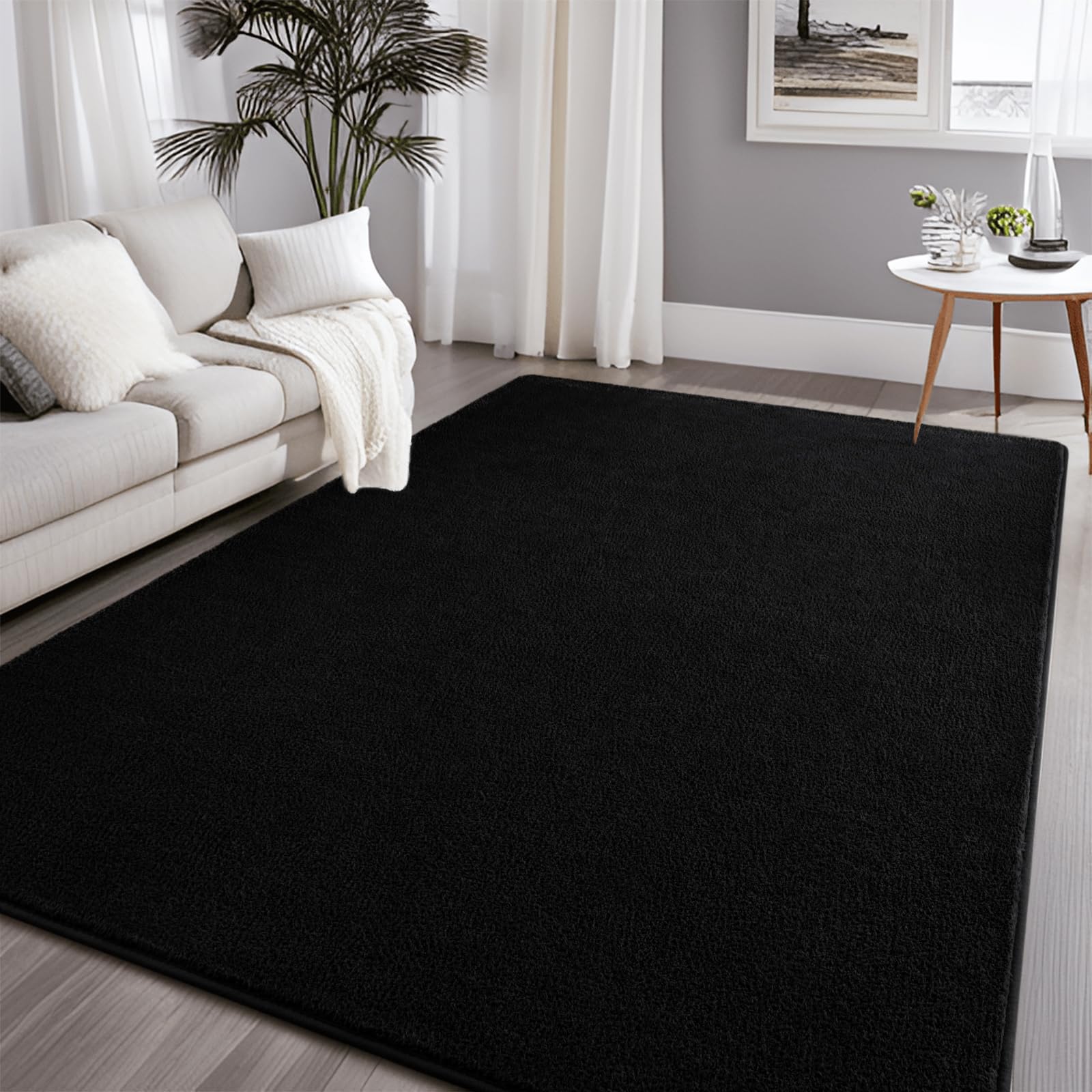 Larhom Large Modern Area Rugs for Bedroom Living Room, 6x9 Feet Black Rug, Thickened Memory-Foam Indoor Carpets, Minimalist Rug 