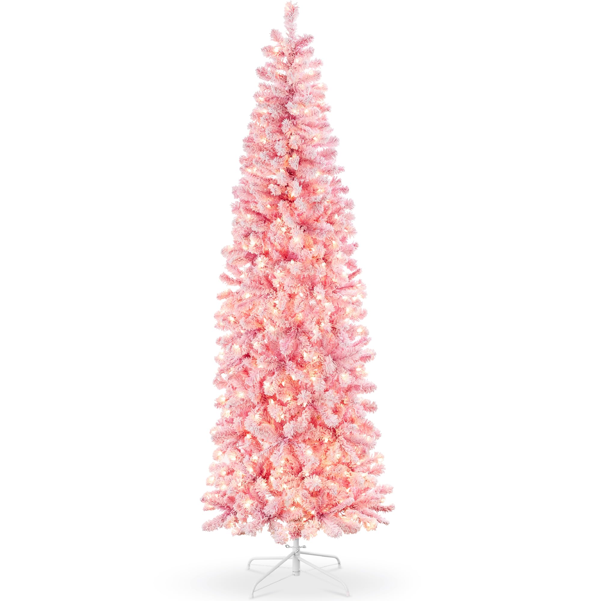 Best Choice Products Flocked Pink Pencil Christmas Tree, Pre-Lit Slim Artificial Holiday Decoration, 9ft Lighted Skinny w/Base, 