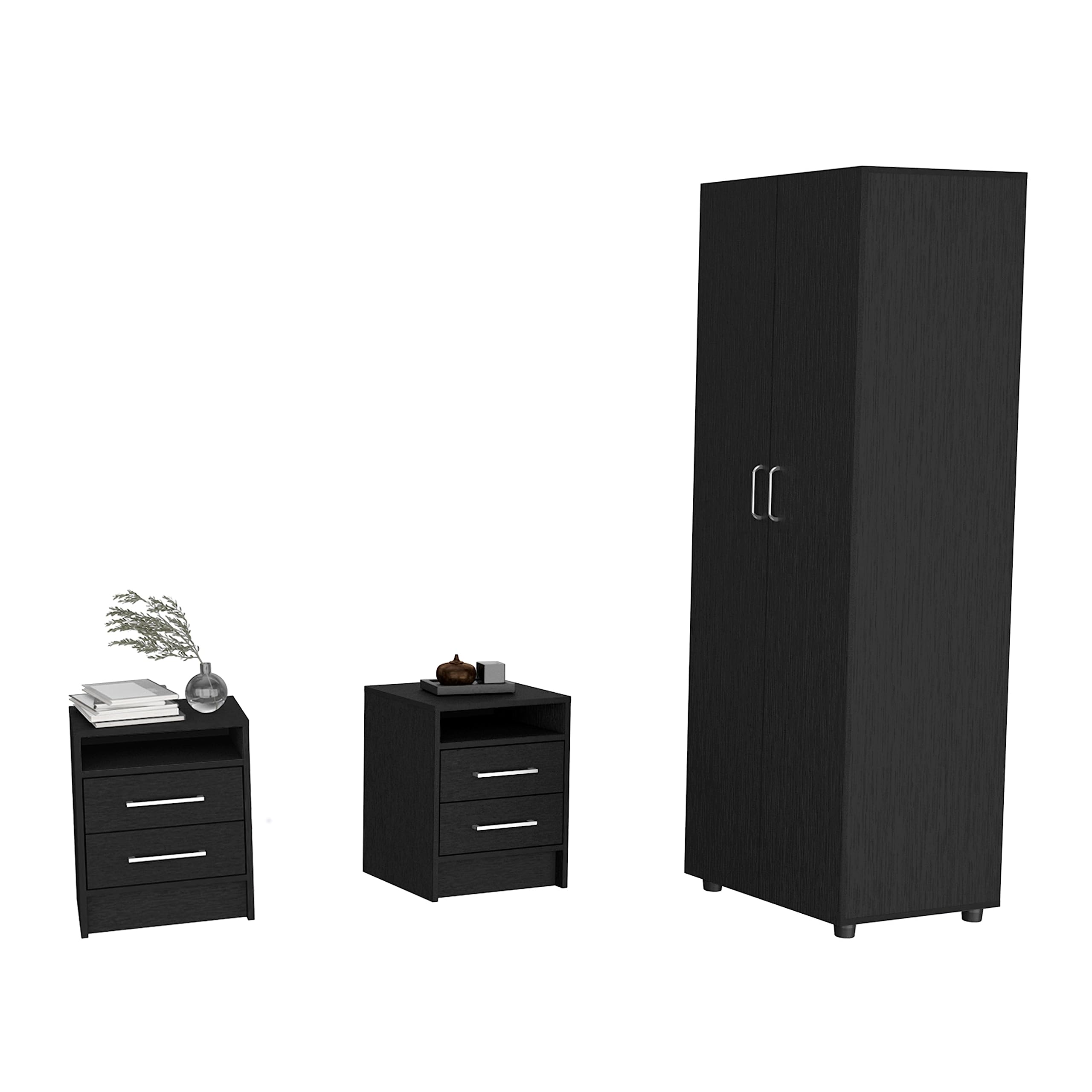 DEPOT E-SHOP Dunlap 3 Piece Bedroom Set, Armoire + 2 Nightstands, Black