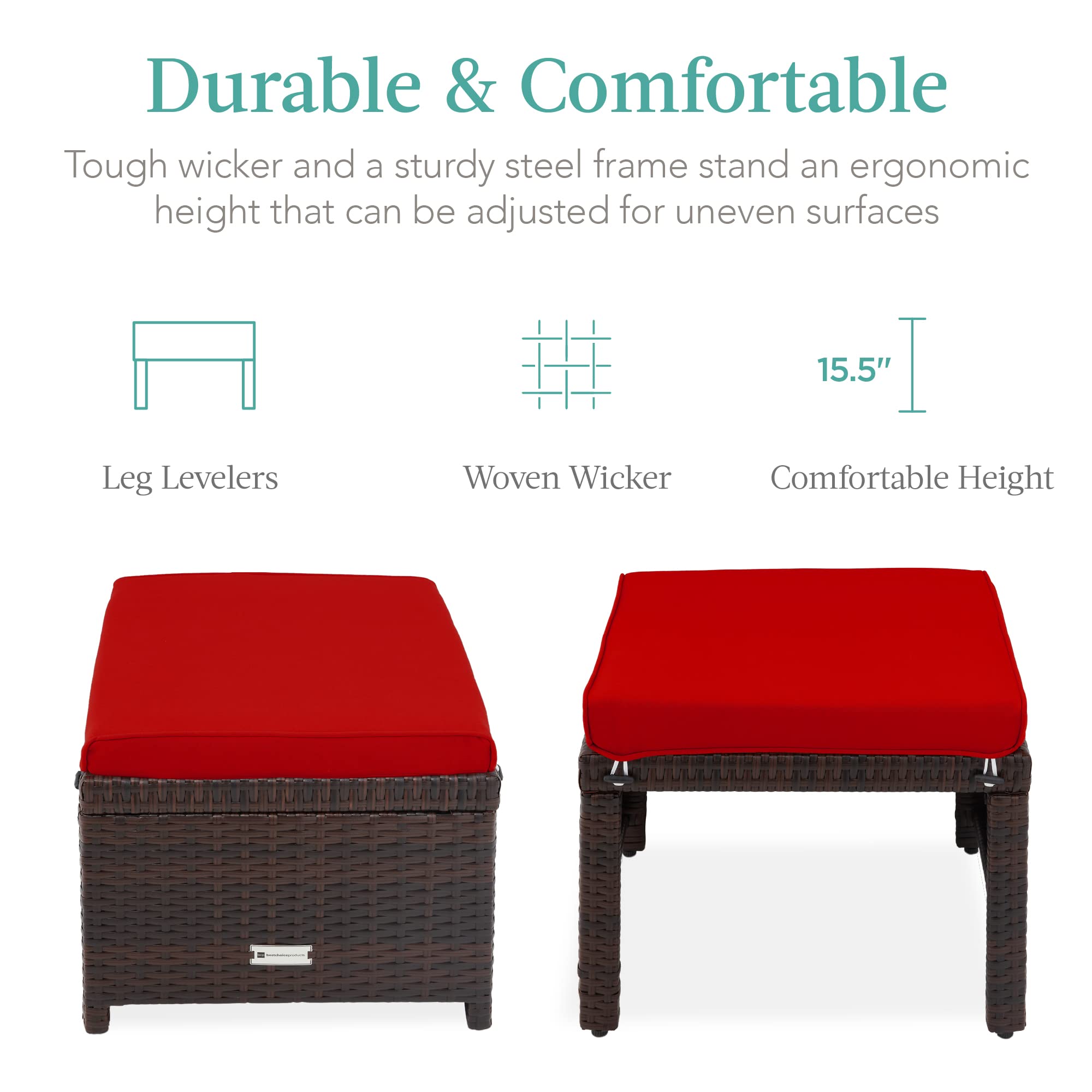 Best Choice Products Set Of 2 Wicker Ottomans, Multipurpose Outdoor Furniture For Patio, Backyard, Additional Seating, Footrest, Side Table W/Removable Cushions, Steel Frame - Brown/Red