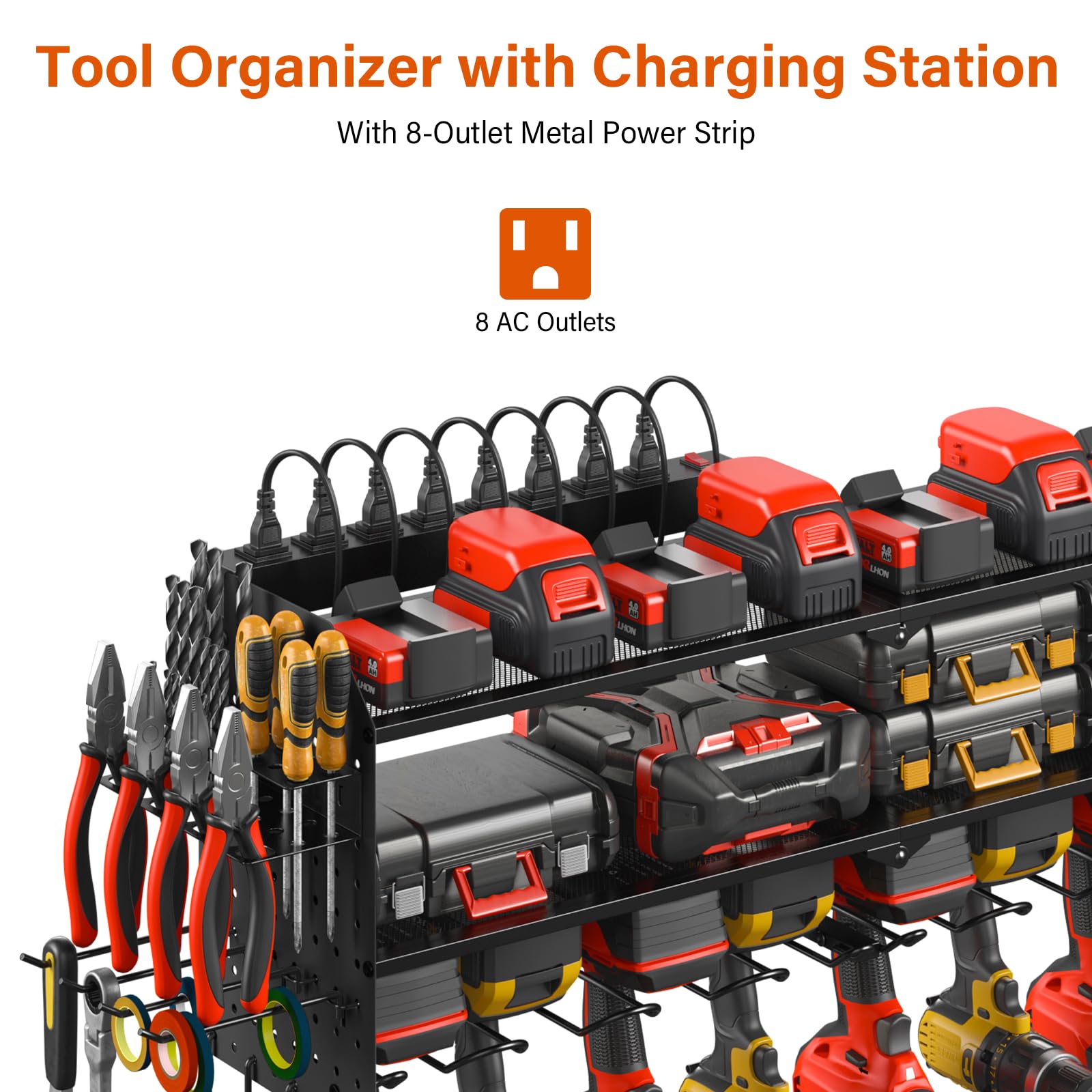 Junnuj Large Pegboard Power Tool Organizer With Charging Station, 8 Drills Driver And Tools Battery Holder Wall Mount With 8 Outlet Power Strip, Black 3-Layer Shop Garage Storage Utility Rack