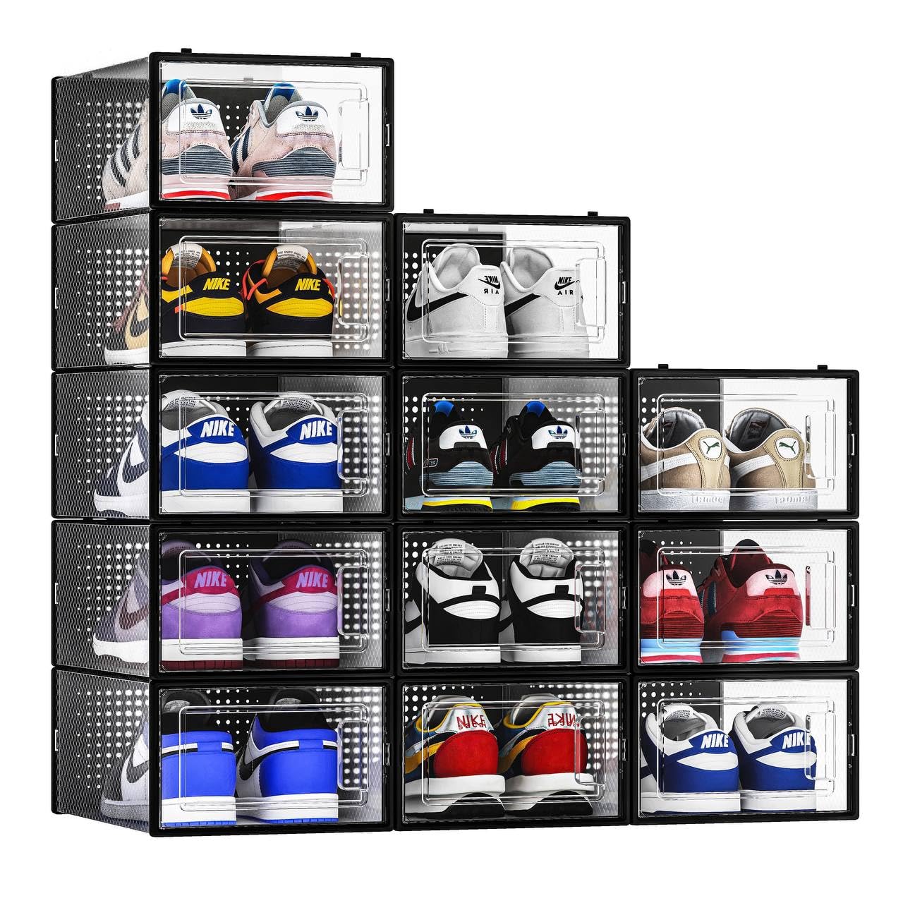 12 Pack Shoe Storage Bins, Clear Plastic Stackable Shoe Organizer For Closet, Space Saving Foldable Shoe Rack, Shoe Box Sneaker Holder Container, Black Frame