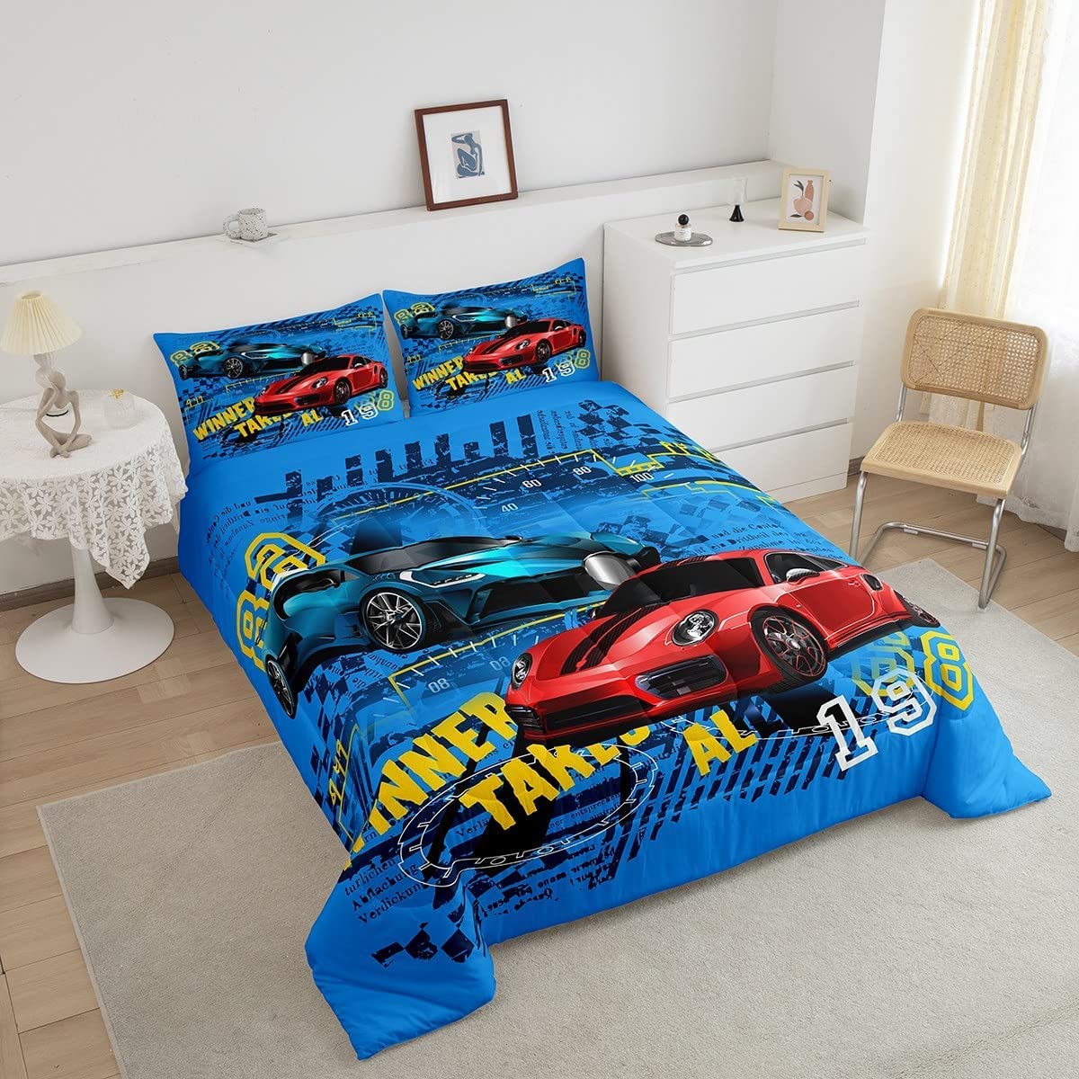 Sports Car Comforter Set Twin Size,Race Car Duvet Insert For Kid Teen Boys Girls Room Decor,Speed Race Sports Car Quilted Duvet,Extreme Sports Theme Quilt Cover With 1 Pillowcase