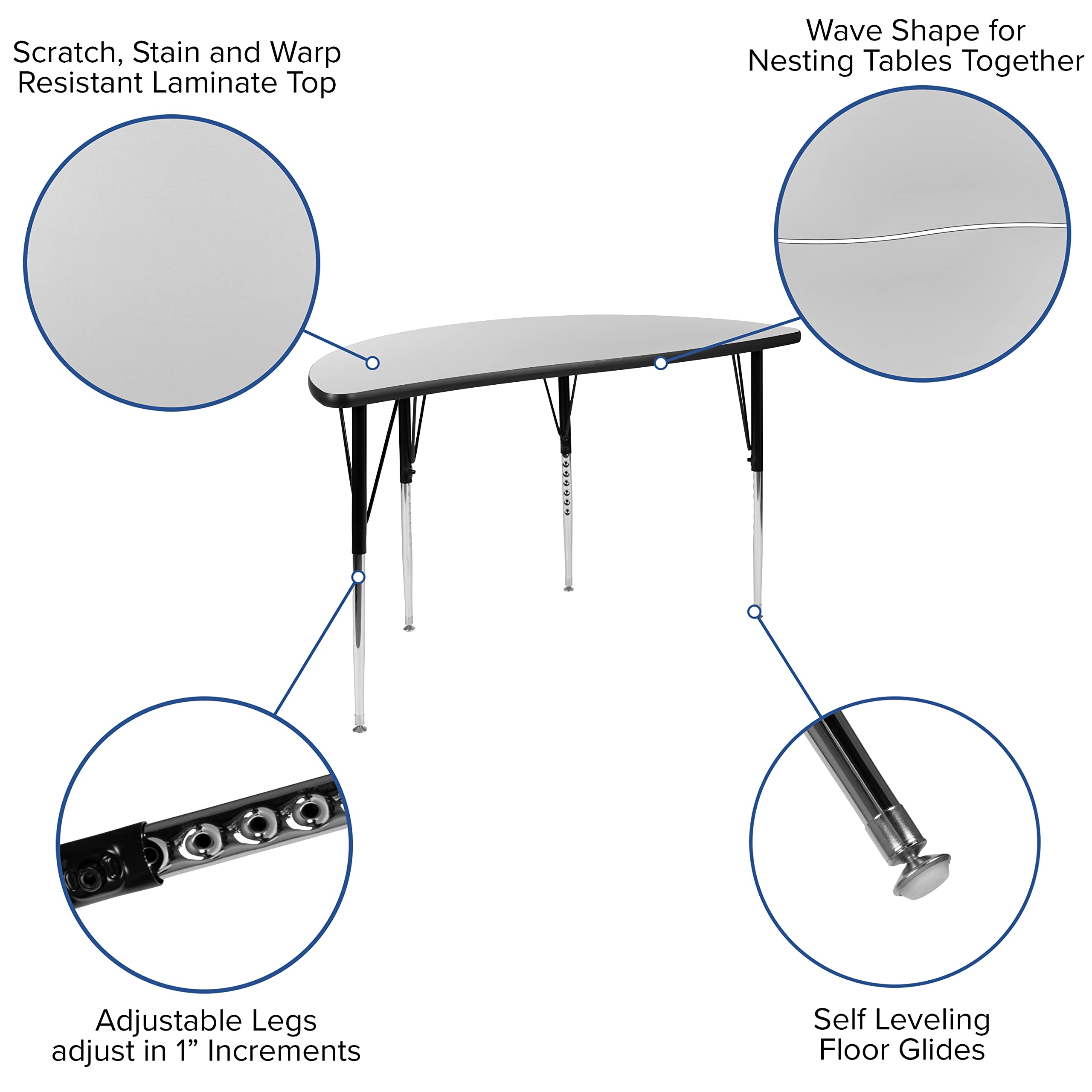 Flash Furniture 2 Piece Mobile 47.5" Circle Wave Collaborative Grey Thermal Laminate Adjustable Activity Table Set