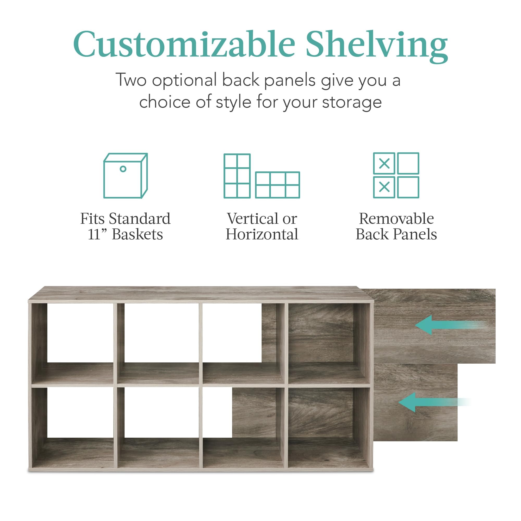 Best Choice Products 8-Cube Storage Organizer, 11In Shelf Opening, Bookcase, Display Shelf, Customizable W/ 3 Removable Back Panels – Greige