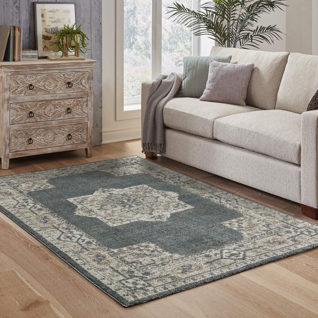 HomeRoots 508190 10 x 13 ft. Blue & Beige Oriental Power Loom Stain Resistant Rectangle Area Rug
