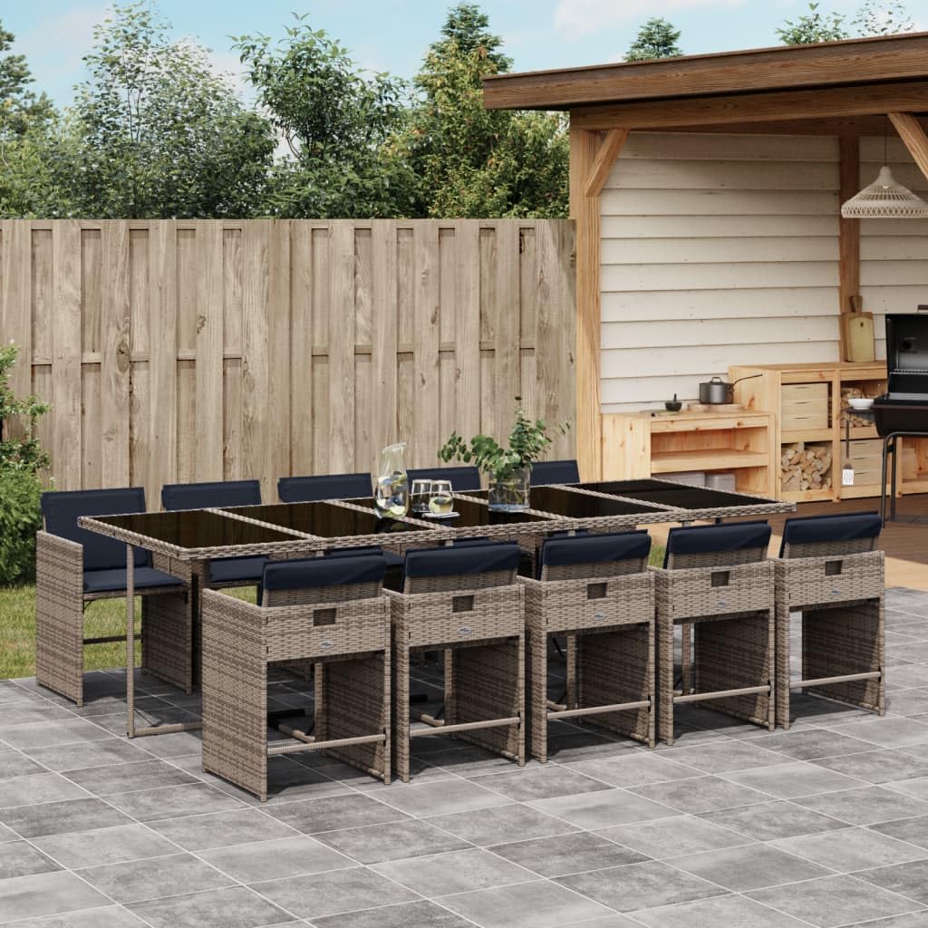 vidaXL Patio Dining Set with Cushions 11 Piece Outdoor Furniture - Gray Poly Rattan, Folding Chairs, Compact Storage, Tempered Glass Table, Removable & Washable Covers - Backyard/Deck/Garden