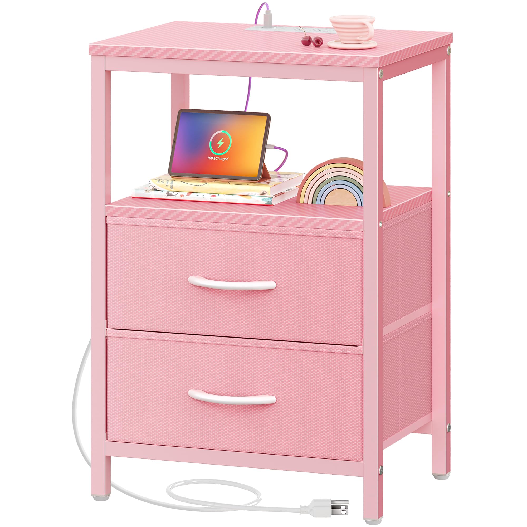 Huuger Nightstand with Charging Station, Side Table with Fabric Drawers, End Table with Open Shelf, Bedside Table with USB Ports