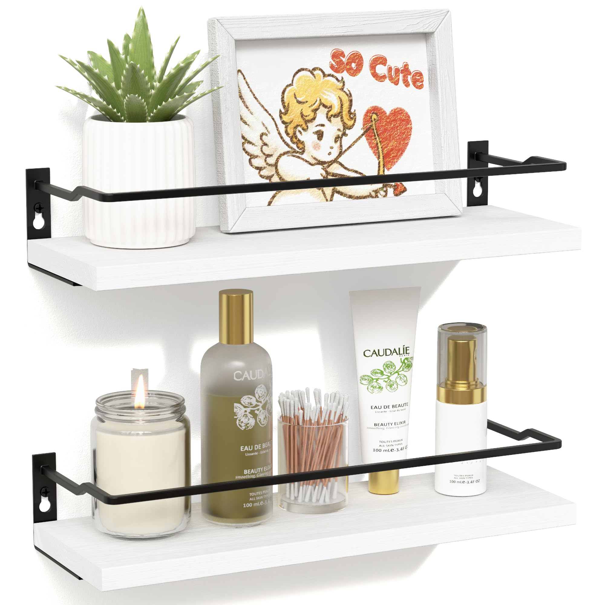 Richer House White Bathroom Shelves, Small Floating Wall Shelf For Bathroom Decor, Wall Mounted Wood Shelves, Bathroom Wall Organizer Over Toilet Storage, Guard-Rail Kitchen Shelves Set Of 2 - White