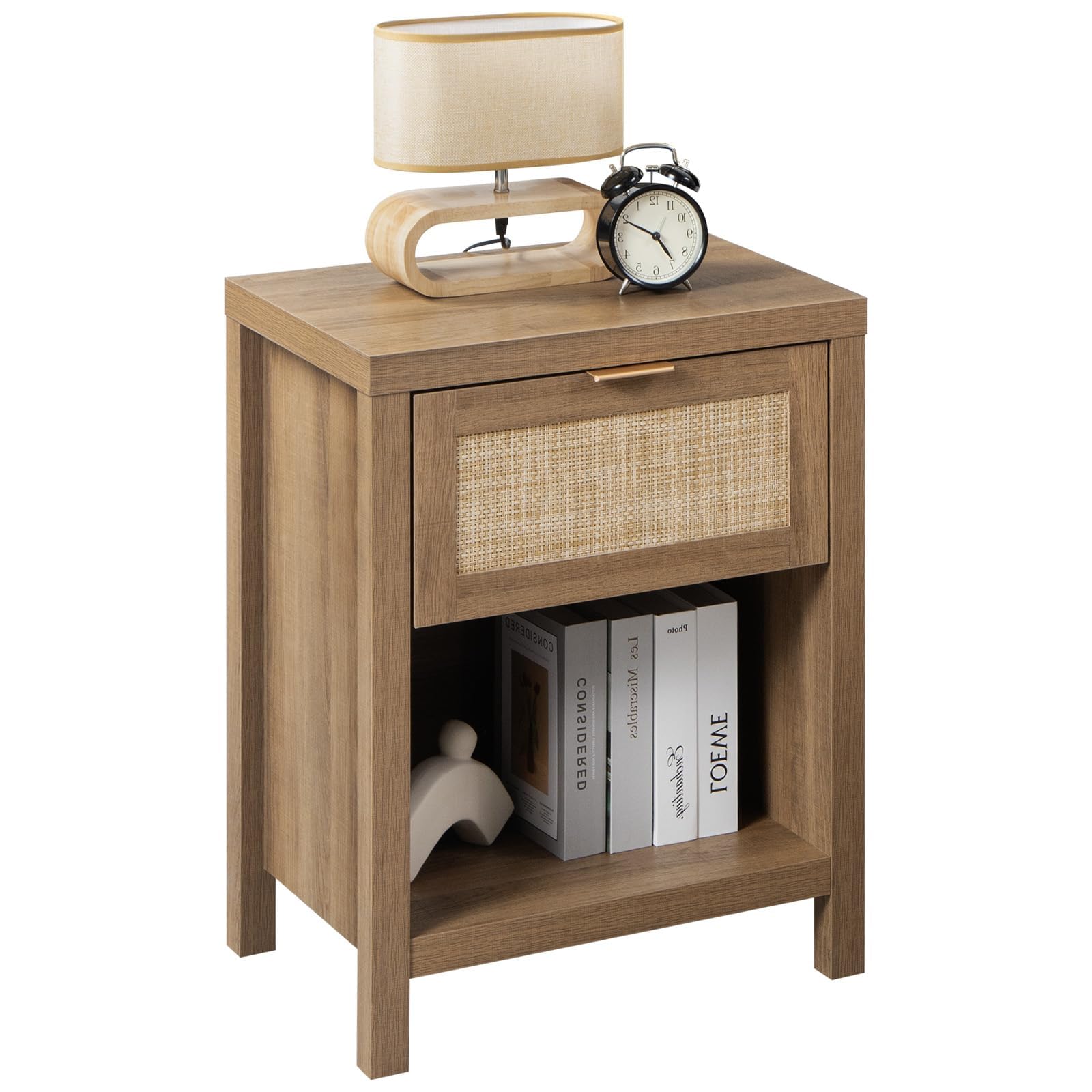 Sicotas Rattan Nightstand - Farmhouse Night Stand With Drawer And Storage Shelf - Boho Accent Table Bedside Table End Table Side Table For Bedroom