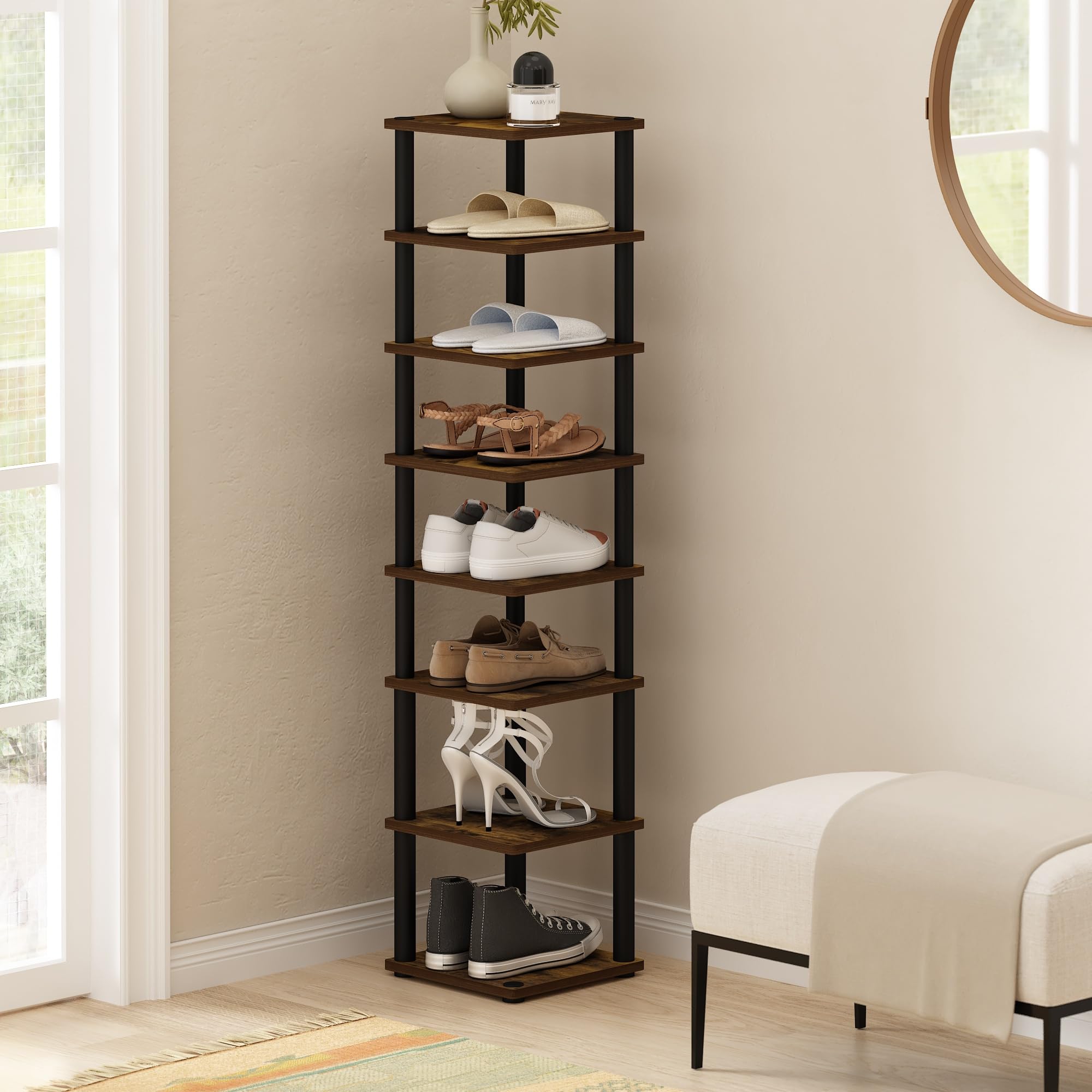 Furinno Turn-N-Tube 8-Tier Vertical Space Saving Free Standing Shoe Tower, Shoe Rack for Closet Entryway, Amber Pine/Black