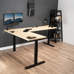 Vivo Electric Height Adjustable 83 X 60 Inch Corner Stand Up Desk, 2 Light Wood Solid Table Tops, Black Frame, Memory Controller, L-Shaped Workstation, 3E Series, Desk-Kit-3E8Bc
