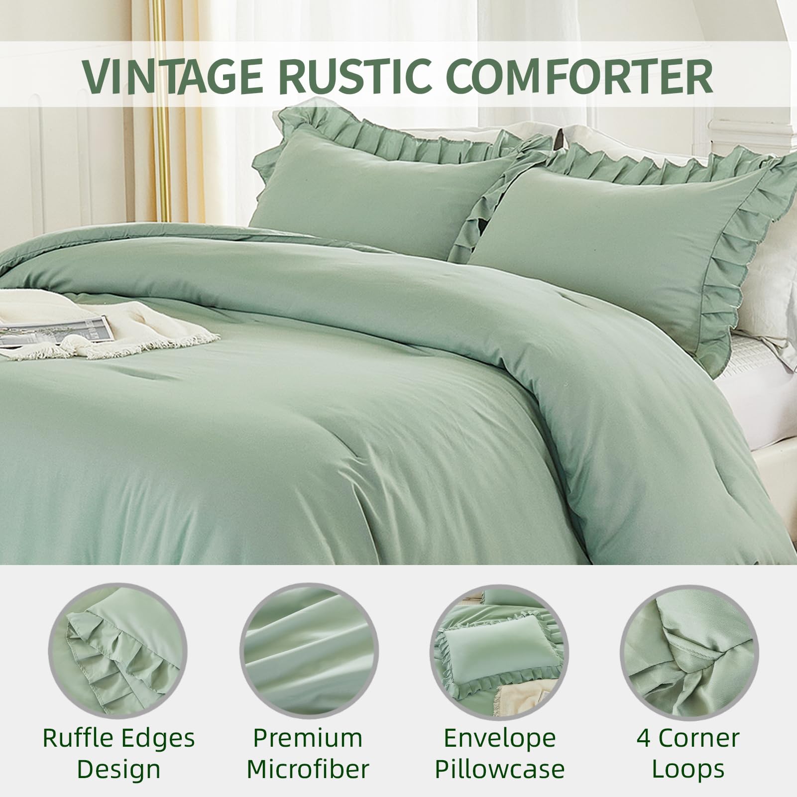 Andency Sage Green California King Comforter Set, 3 Pieces Farmhouse Shabby Chic Cal King Size Ruffle Bed Set, Oversized Soft Lightweight Microfiber Bedding Set