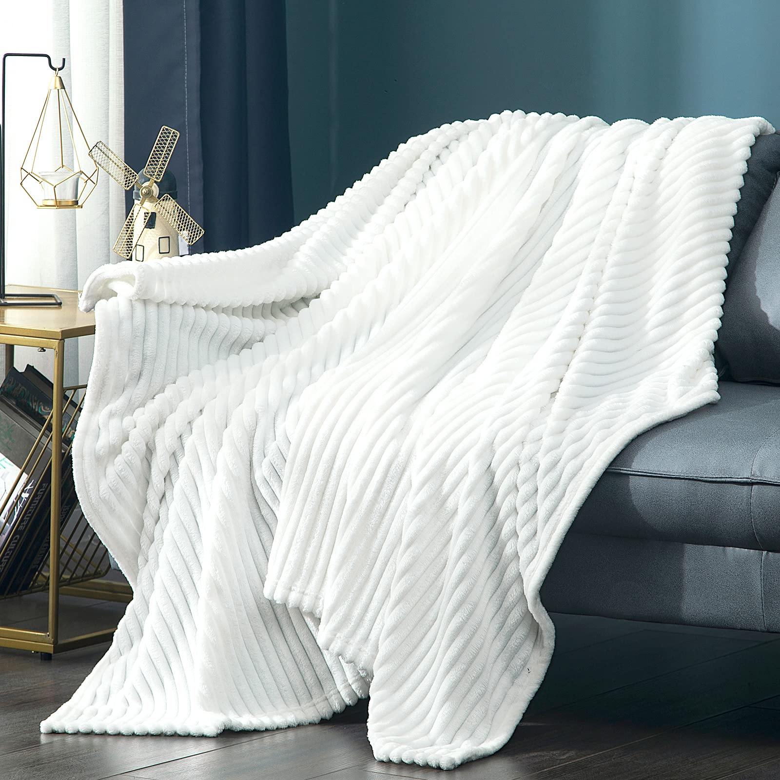 Vessia Flannel Fleece White Throw Blanket(50X70 Inch), Lightweight Couch White Blanket, Warm And Soft Stripe Bed Blanket, Cozy C