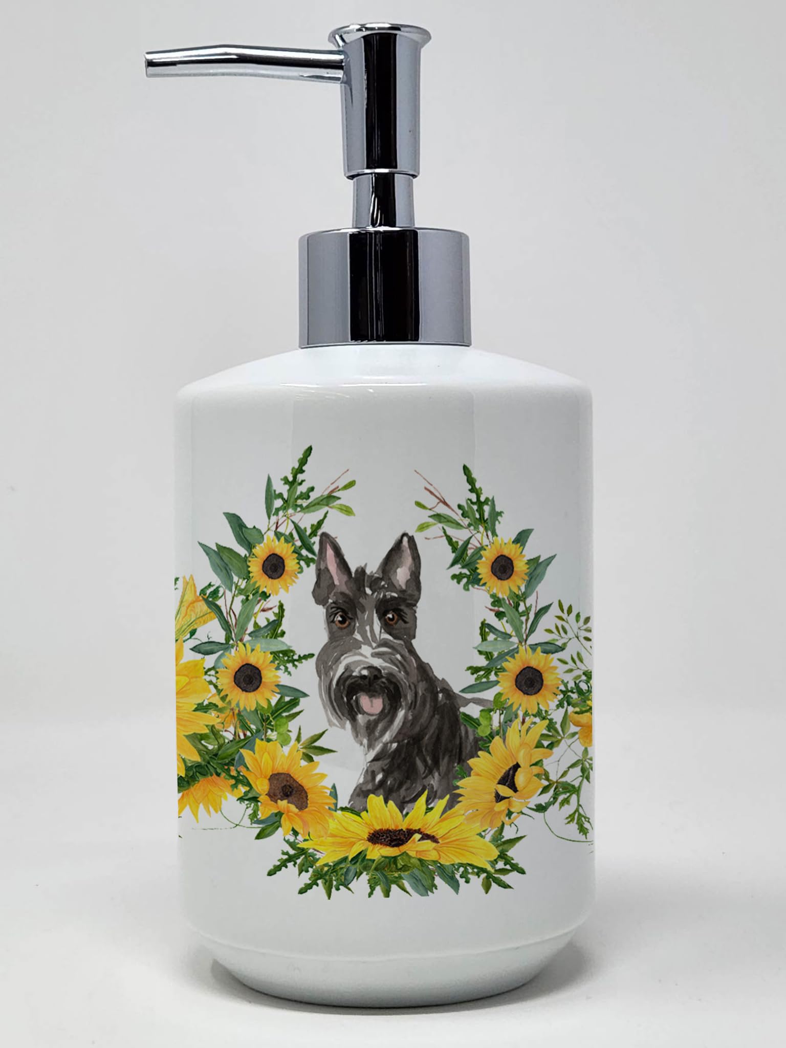 Caroline's Treasures CK2964SOAP Schnauzer #1 in Sunflowers Ceramic Soap Dispenser Hand Soap Dispenser Pump Bottles for Bathroom 