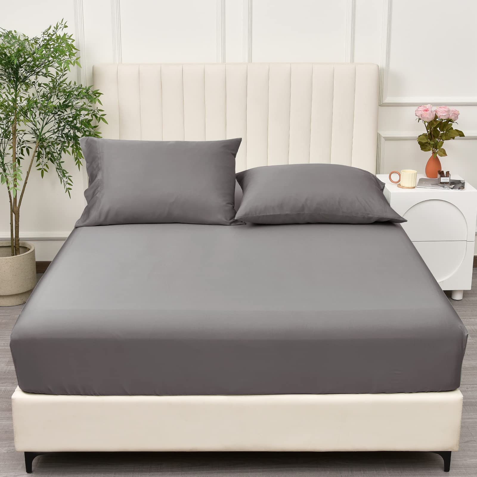 PHF 100% Rayon Derived from Bamboo Cooling Fitted Sheet Twin Size for Hot Sleeper, 16'' Deep Pocket, 2.5cm Wider Strong Elastic 