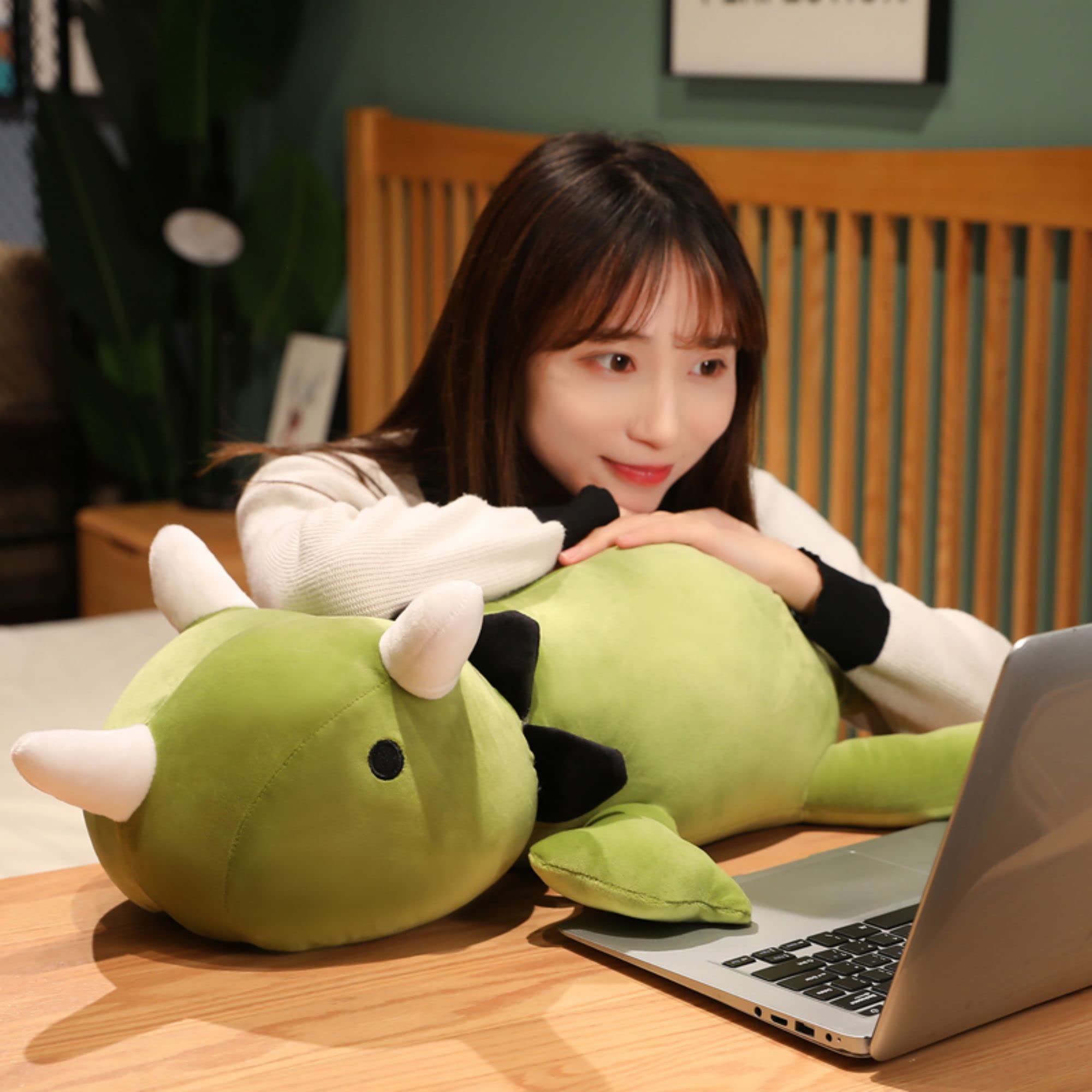 SQEQE Weighted Dinosaur Plush Toy, Anxiety Relief Stuffed Animal, Green Cotton, 9.8 Inch