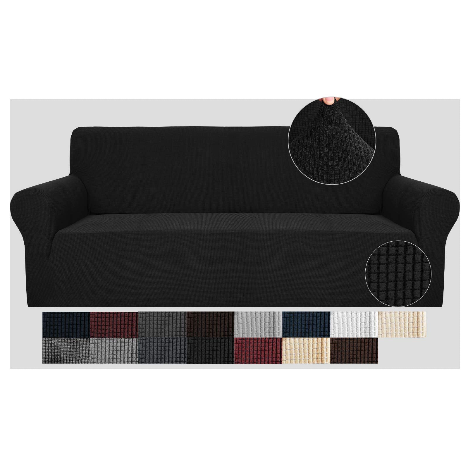 Jiviner High Stretch Couch Covers For 3 Cushion Couch 1-Piece Jacquard Elastic Sofa Slipcovers Anti Slip Sofa Cover With Elastic Bottom Furniture Protector For Kids Pets (Sofa, Black)