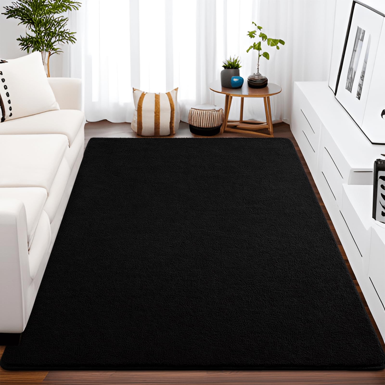 Larhom Large Modern Area Rugs For Bedroom Living Room, 6X9 Feet Black Rug, Thickened Memory-Foam Indoor Carpets, Minimalist Rug
