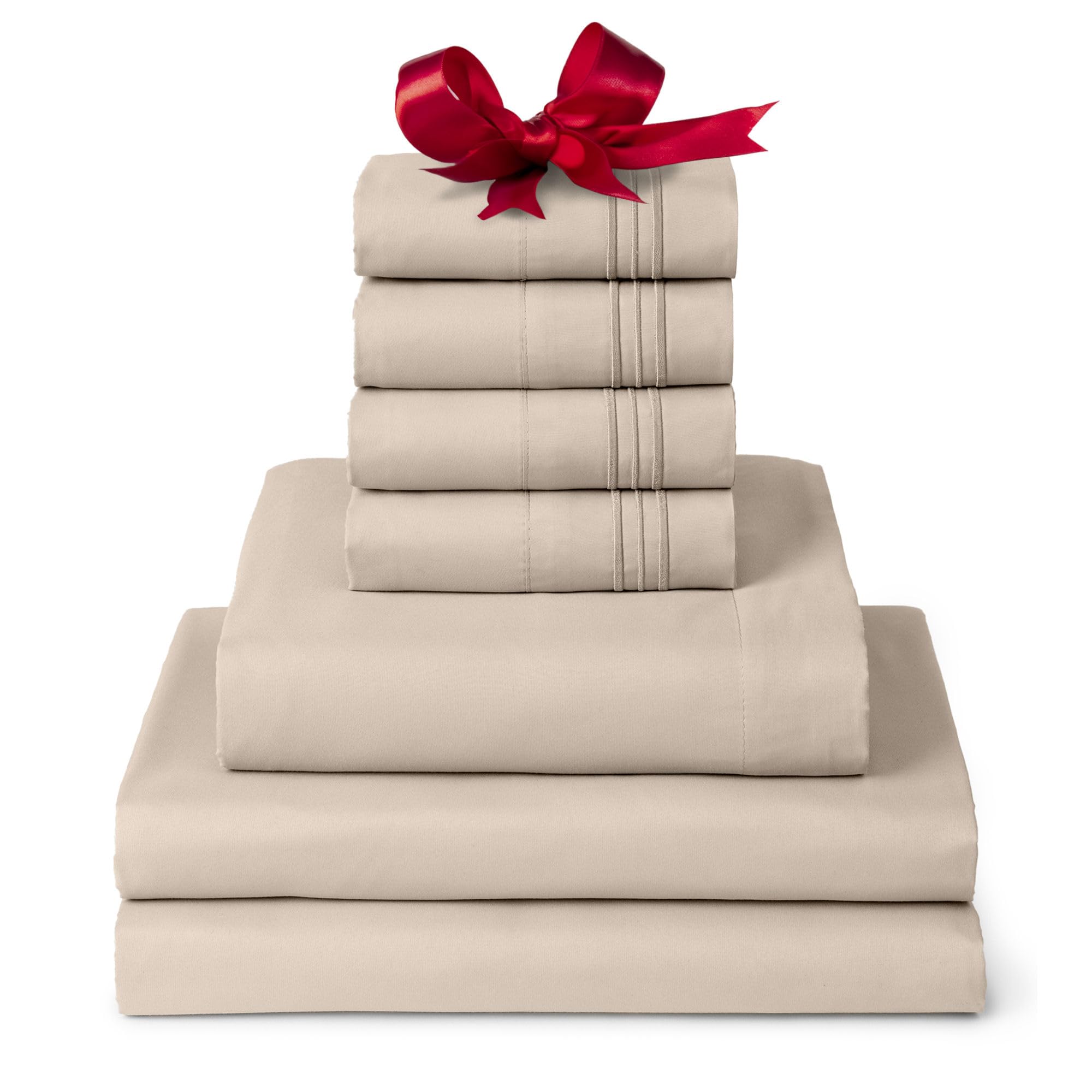Mellanni Split King Sheet Set - 7-Piece Iconic Collection Bedding, (Including 4 Pillowcases), 16-Inch Deep Pocket, Easy Care, Extra Soft, Cooling Sheets, Brushed Microfiber - Beige