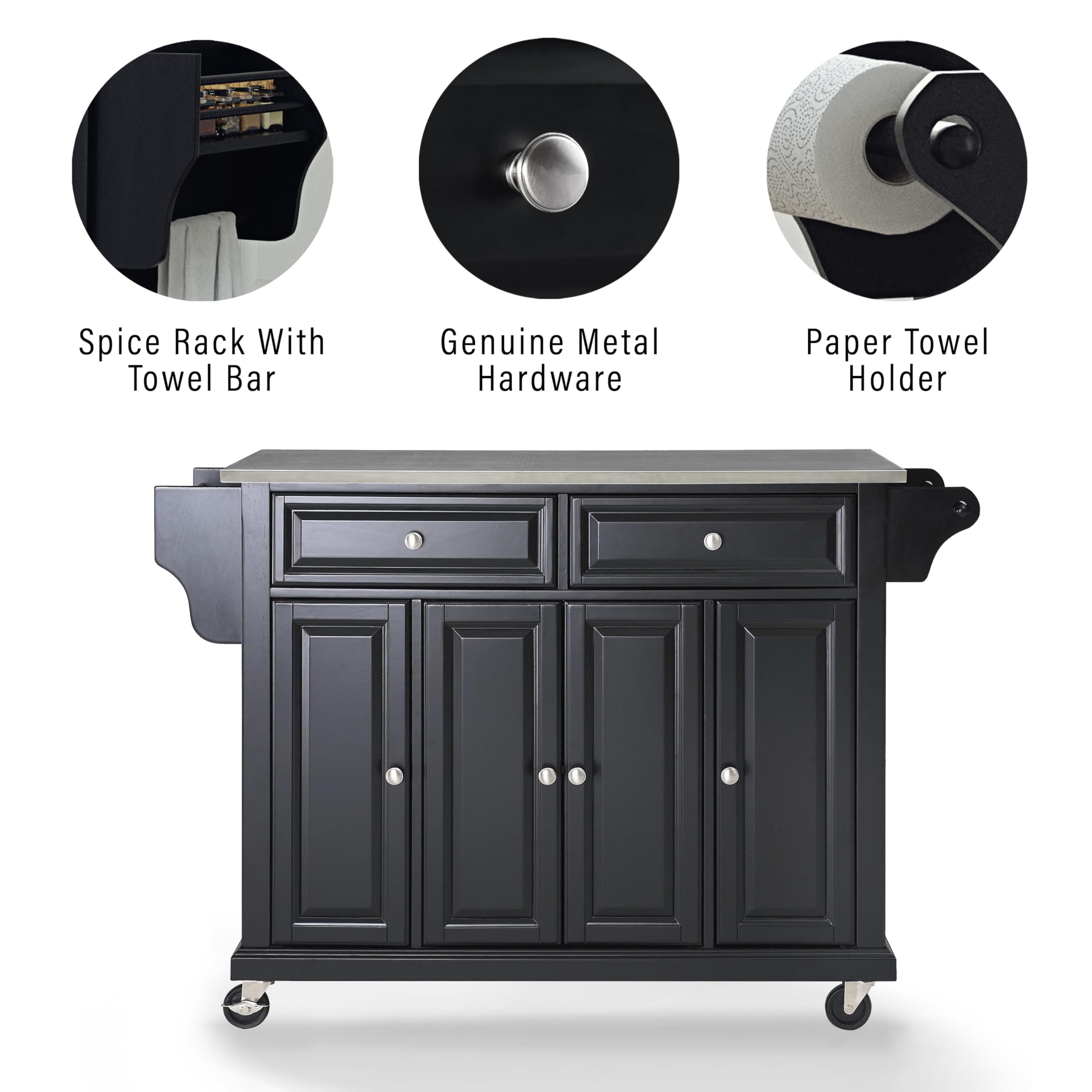 Crosley Furniture Full Size Stainless Steel Rolling Kitchen Island Storage Cart, Microwave Stand, Spice Rack, Black
