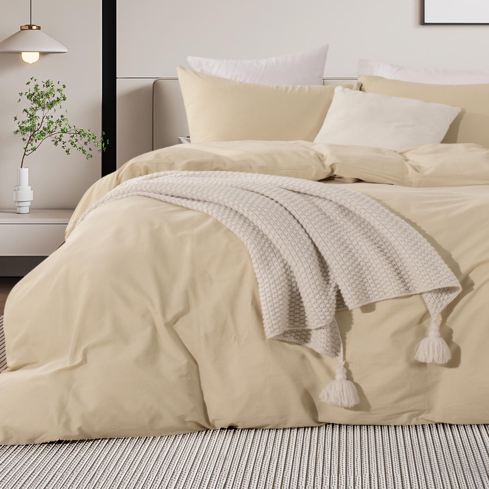 Nexhome Pro Cotton Duvet Cover Oversized Queen 92'X98' Linen Look Textured Organic Natural 100% Washed Cotton Duvet Cover 3 Pieces Bedding Set Beige Zipper Closure, Breathable (No Comforter)