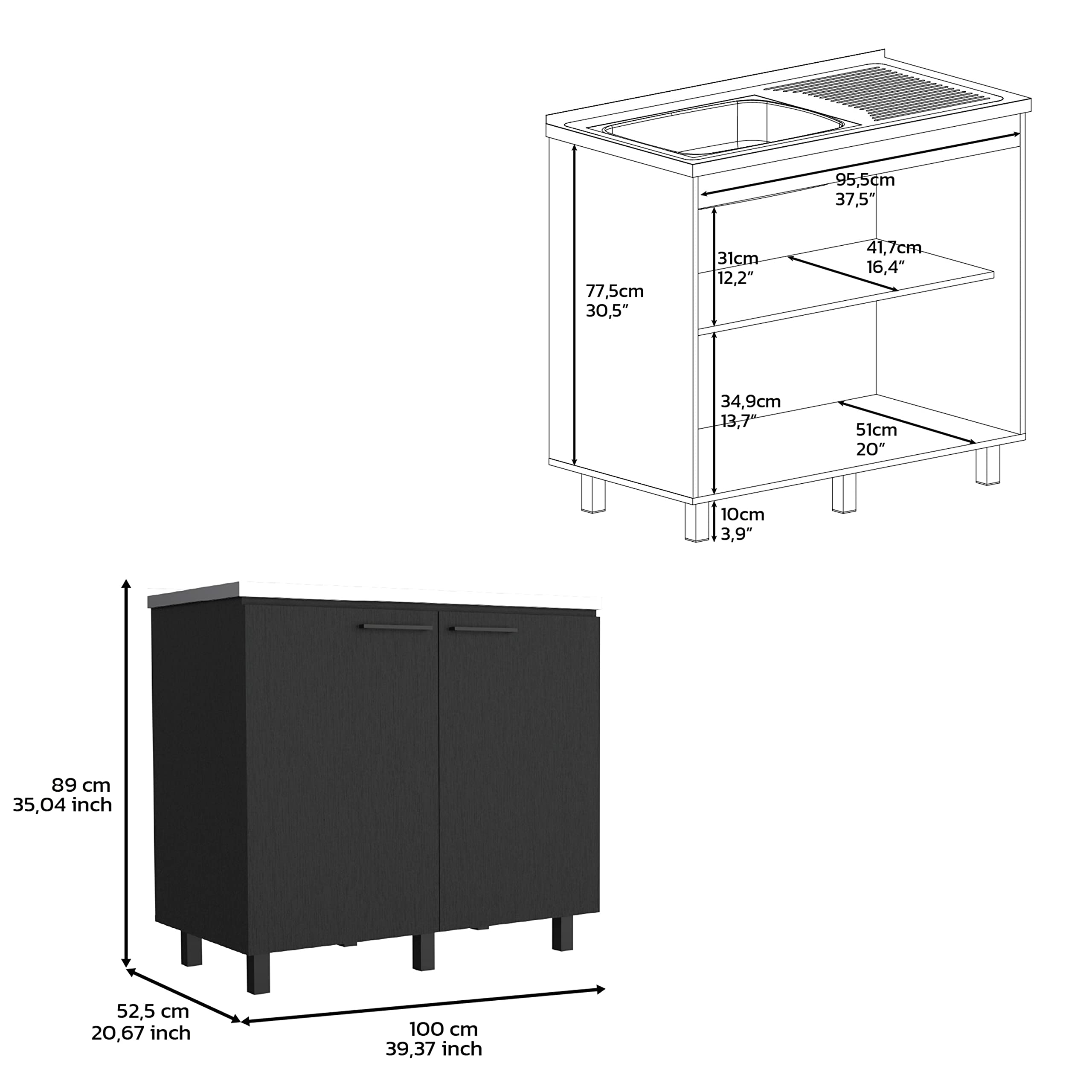 Salento 2 Freestanding Utility Base Cabinet With Stainless Steel Countertop And 2-Door, Black