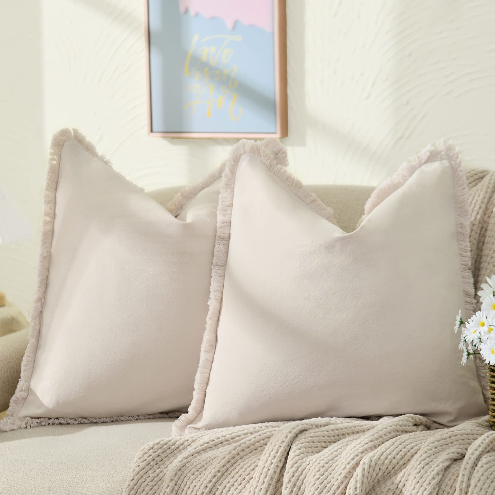 Zwjd Pillow Covers 24X24 Set Of 2 Beige Throw Pillow Covers With Fringe Chic Cotton Decorative Pillows Square Cushion Covers For