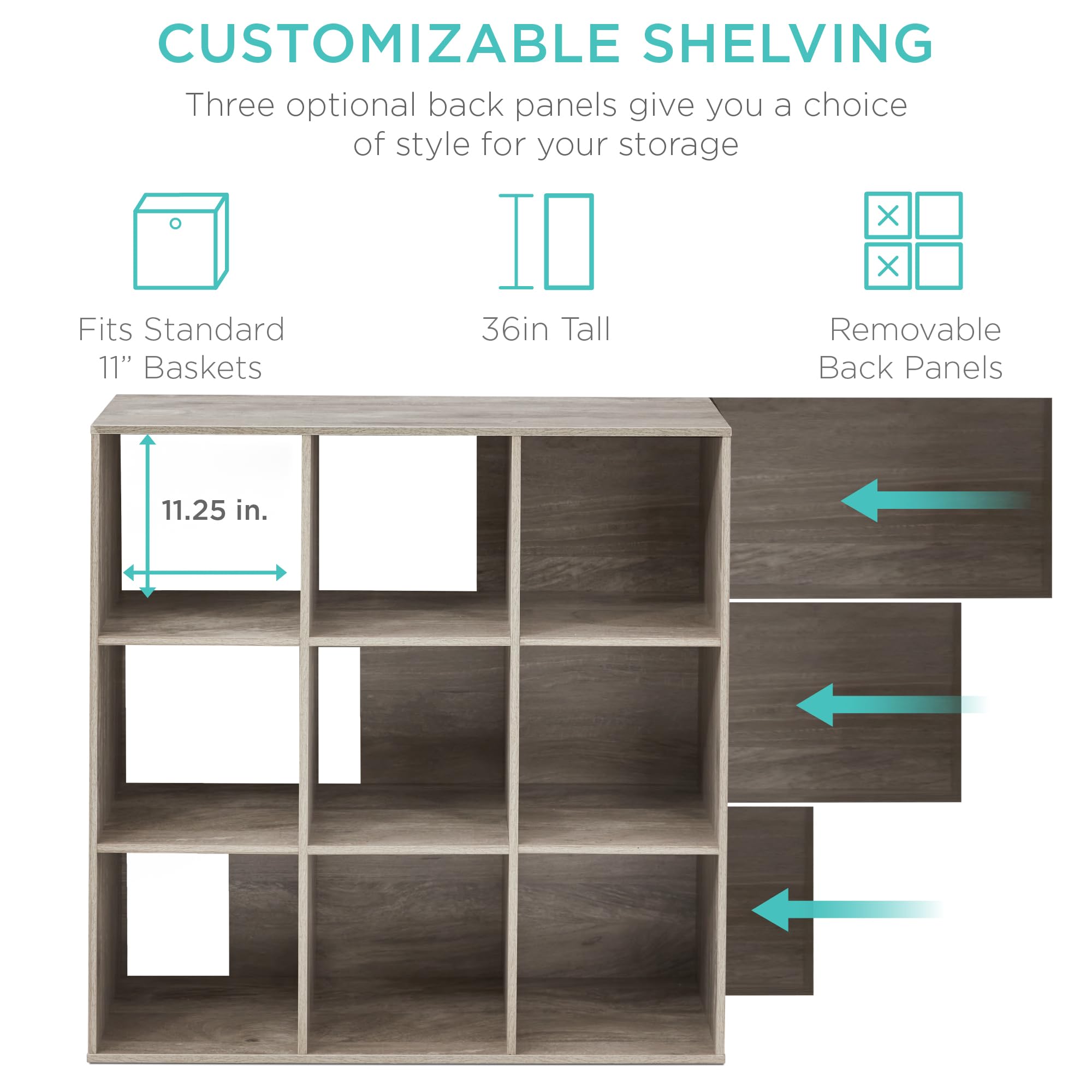 Best Choice Products 9-Cube Storage Organizer, 11In Shelf Opening, Bookcase, Display Shelf, Customizable W/ 3 Removable Back Panels - Greige