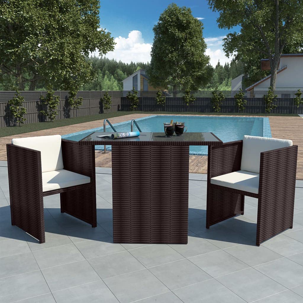 vidaXL 3 Piece Bistro Set - Elegant Brown Poly Rattan with Cream White Cushions - Weather-Resistant Garden Dining Set with Glass-Top Table and Easy to Store Chairs