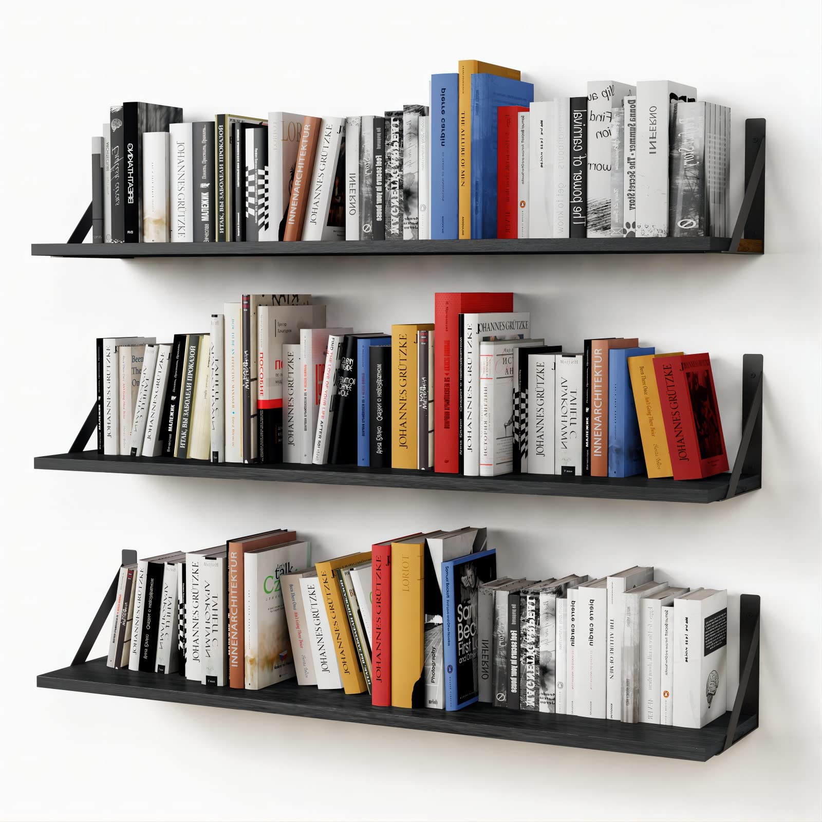 Forbena Floating Shelves 36 Inches Long 8 In Deep Set Of 3, Large Wall Shelf For Bedroom Books, Heavy Duty Wide Wall Shelving For Closet Organizers And Storage, Living Room, Library (Black)